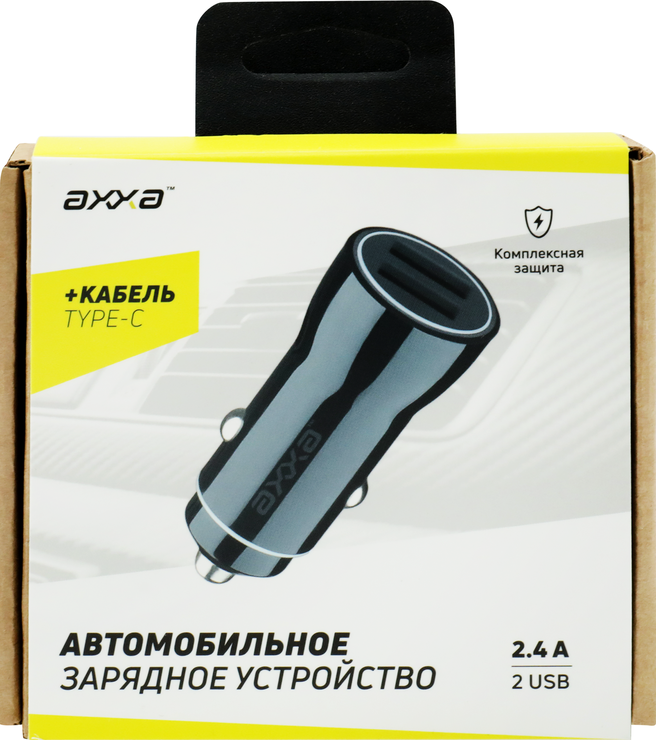 Изображение товара Зарядное устройство автомобильное AХХА 1м, 2 USB 2,4А USB-C дата-кабель, черный, Арт. 2233