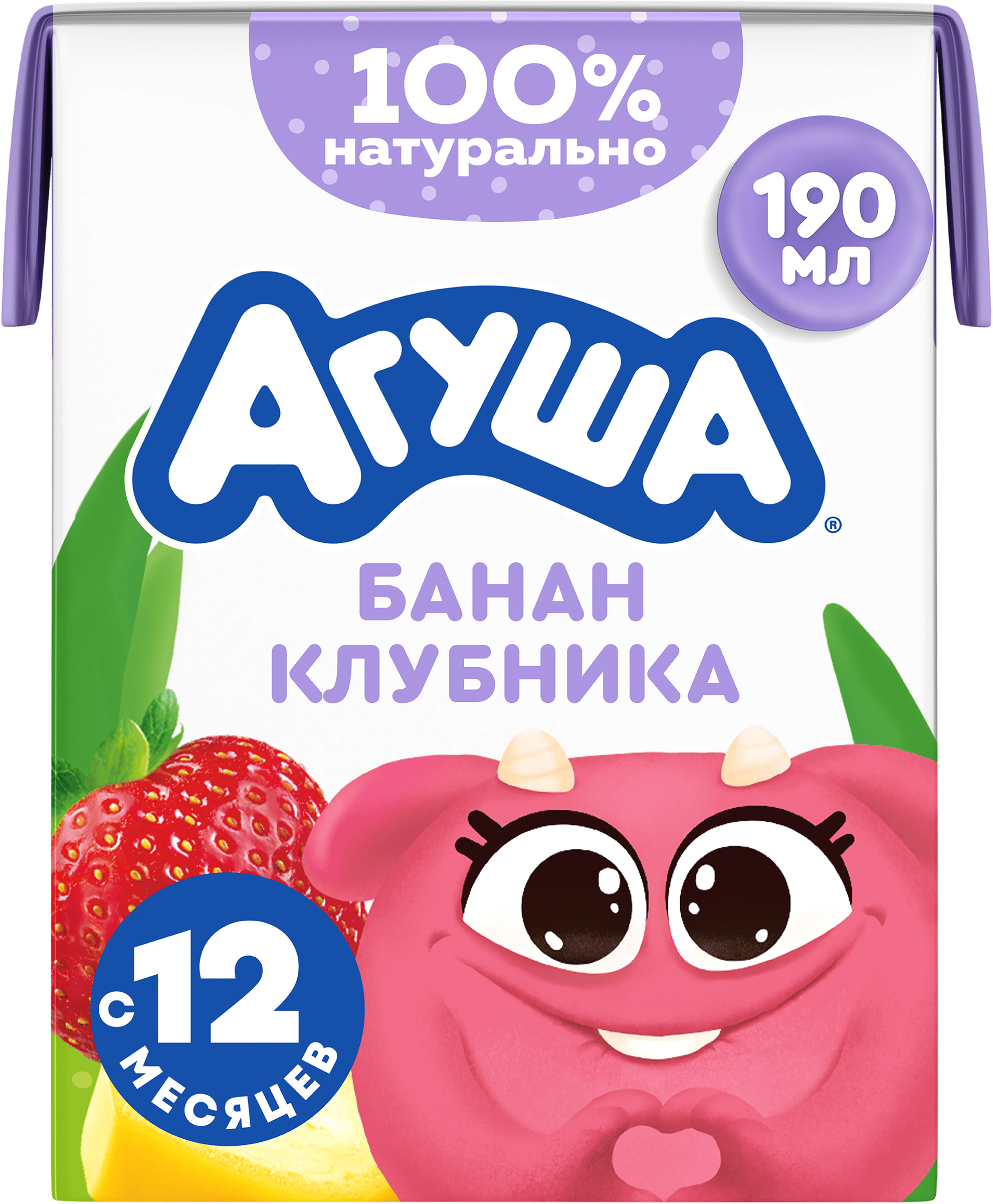 Изображение товара Молочный коктейль детский АГУША Банан, клубника 2%, без змж, 190мл