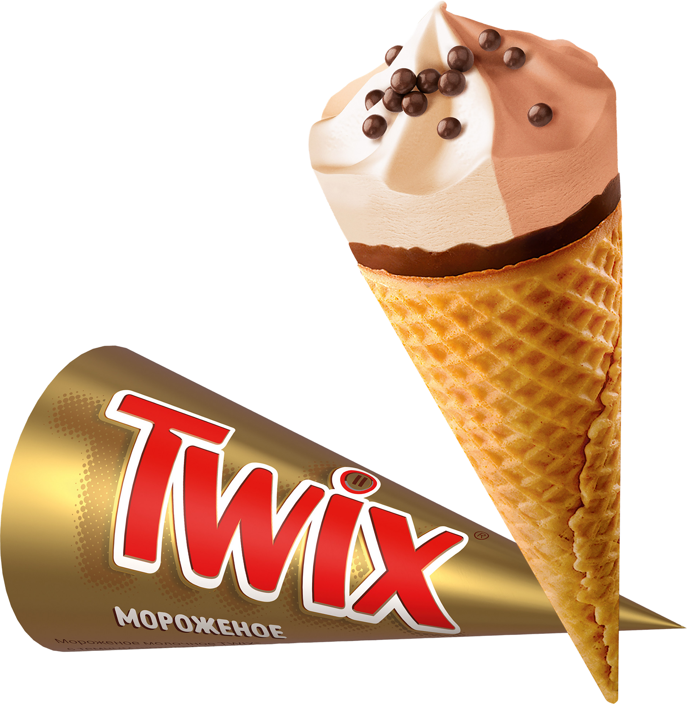 Изображение товара Мороженое TWIX Двухслойное, молочное со вкусом карамели и молочное с какао-порошком, с карамелью, рисовыми шариками в молочном шоколаде 5%, без змж, вафельный рожок, 68г