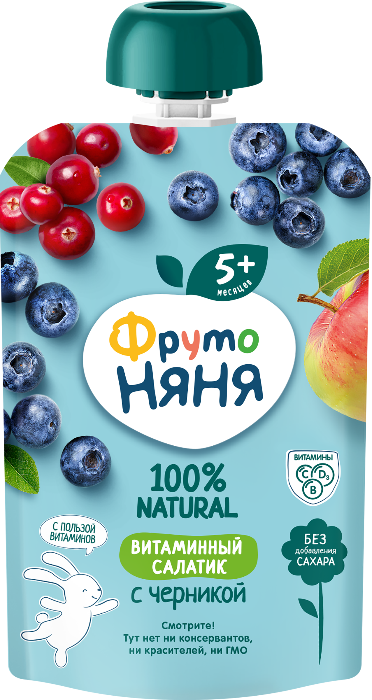 Изображение товара Детское фруктово-ягодное пюре ФРУТОНЯНЯ Витаминный салатик с черникой 90г