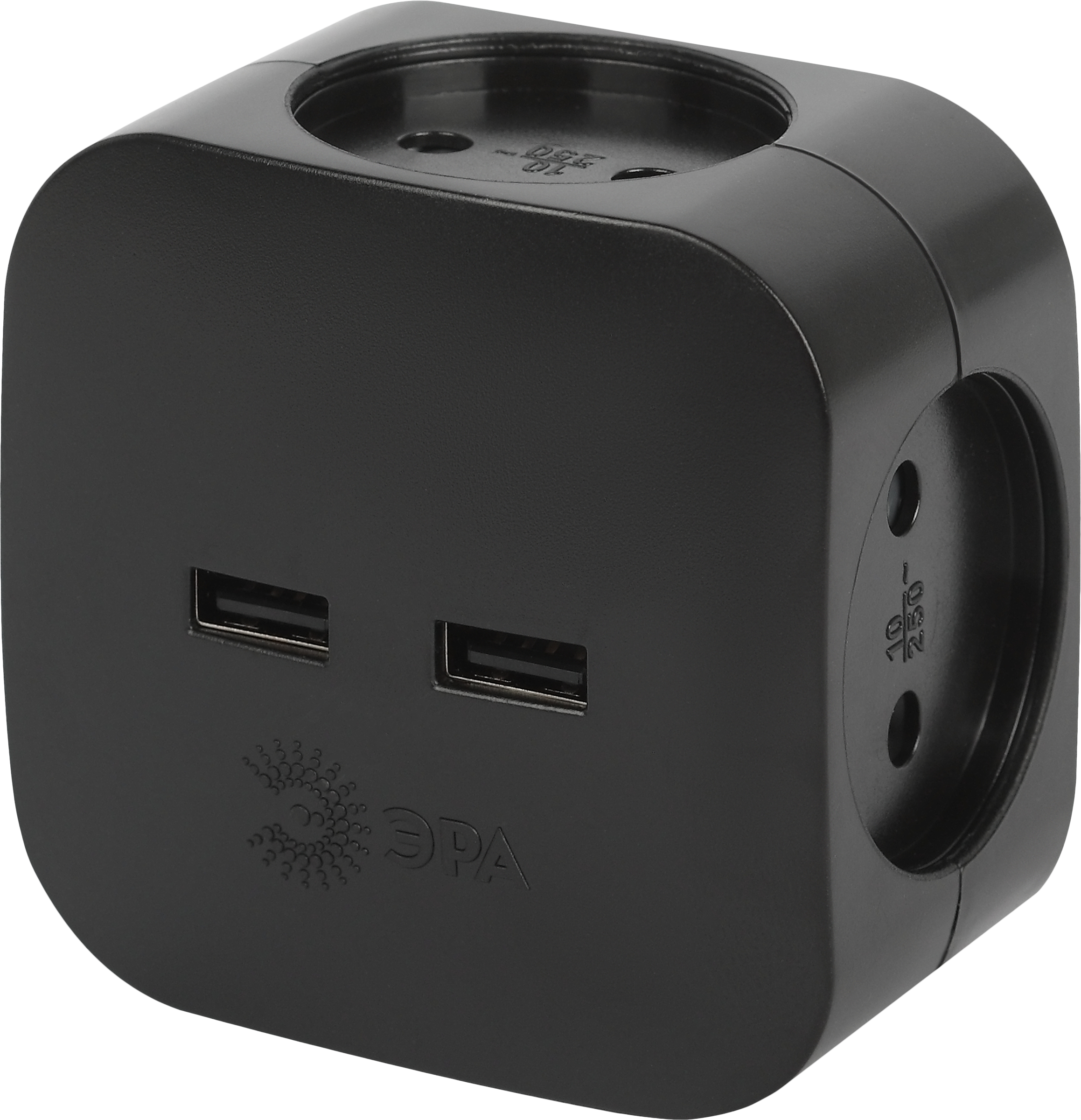 Изображение товара Разветвитель электрический ЭРА SP-4-USB-B на 4 розетки+2xUSB, 2400mA, без заземления, 10А, черный, Арт. Б0049536
