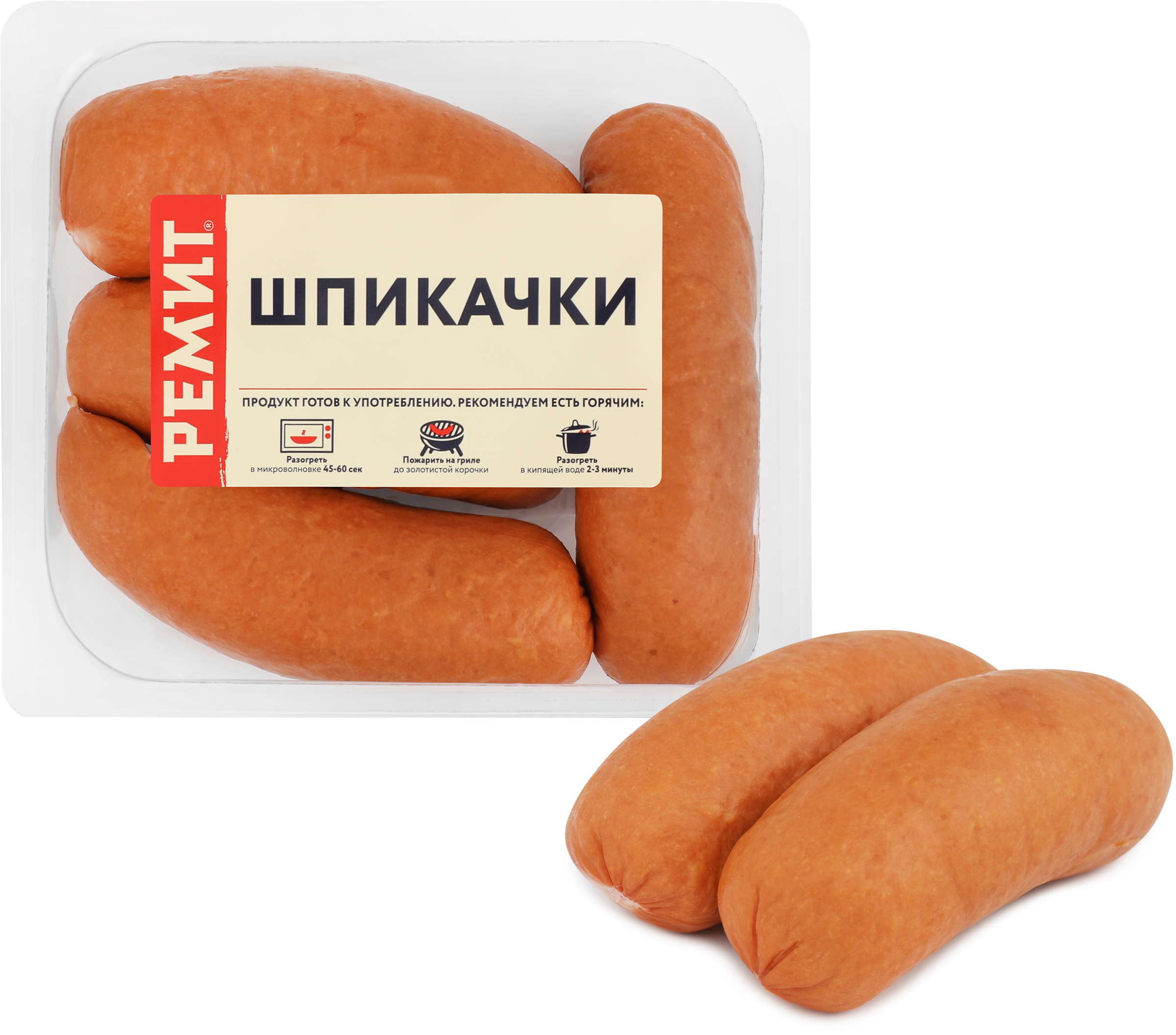Изображение товара Шпикачки РЕМИТ, 460 г - натуральные сосиски из говядины и свинины Изображение товара Шпикачки РЕМИТ, 460 г - натуральные сосиски из говядины и свинины