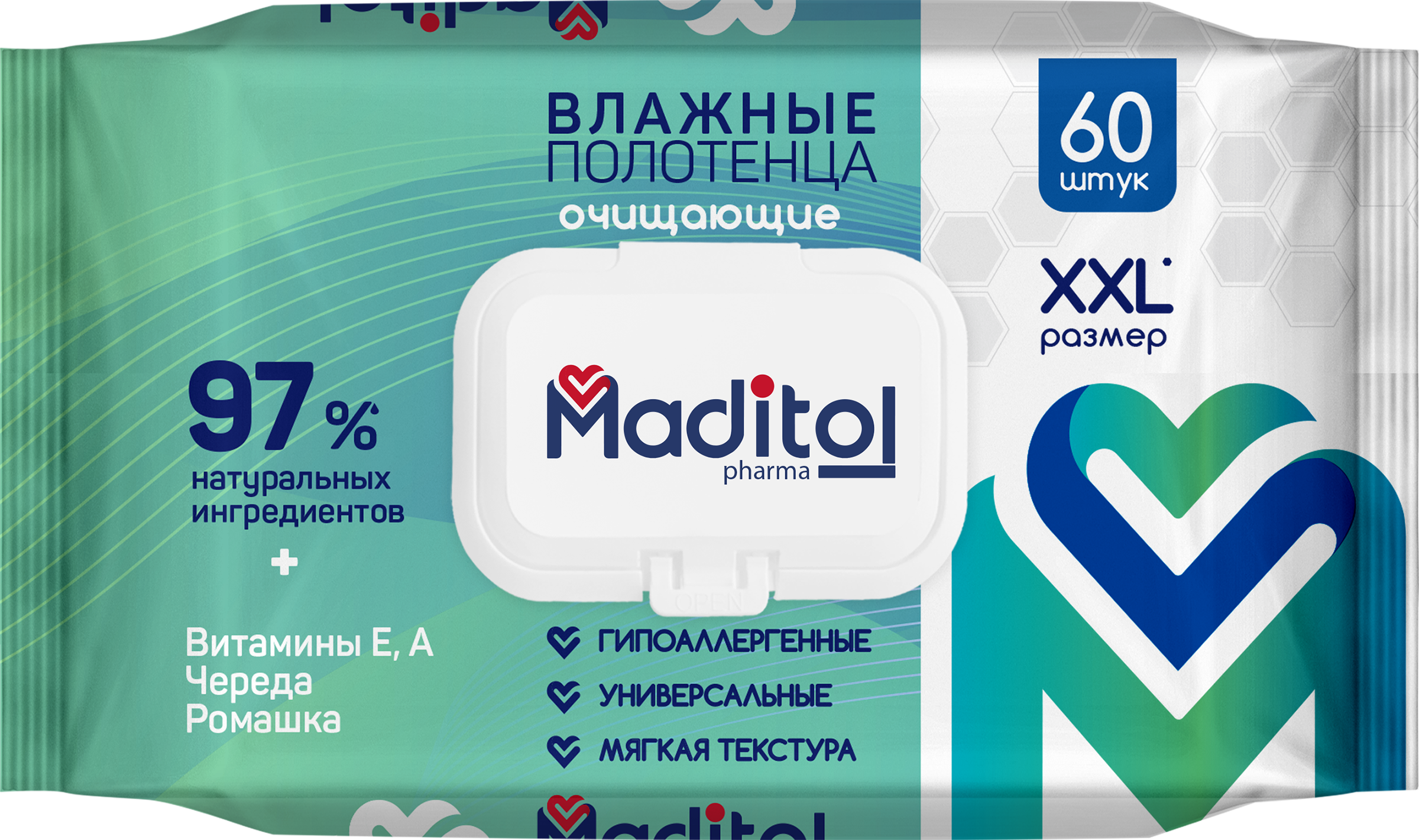 Изображение товара Мягкие гипоаллергенные влажные полотенца MADITOL 60 шт для чувствительной кожи