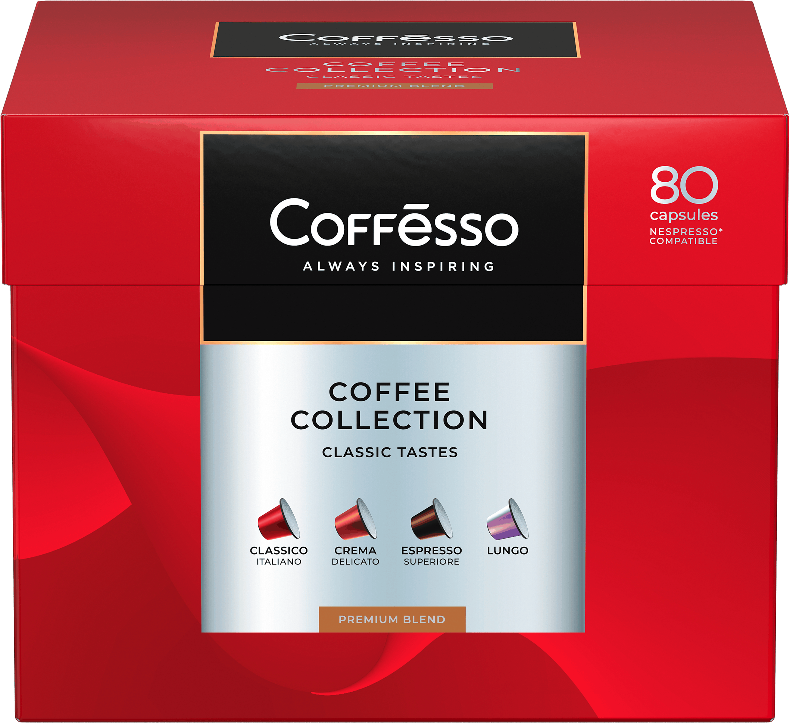 Изображение товара Кофе капсульный COFFESSO Гранд Ассорти 4 вкуса, 80 капсул Изображение товара Кофе капсульный COFFESSO Гранд Ассорти 4 вкуса, 80 капсул