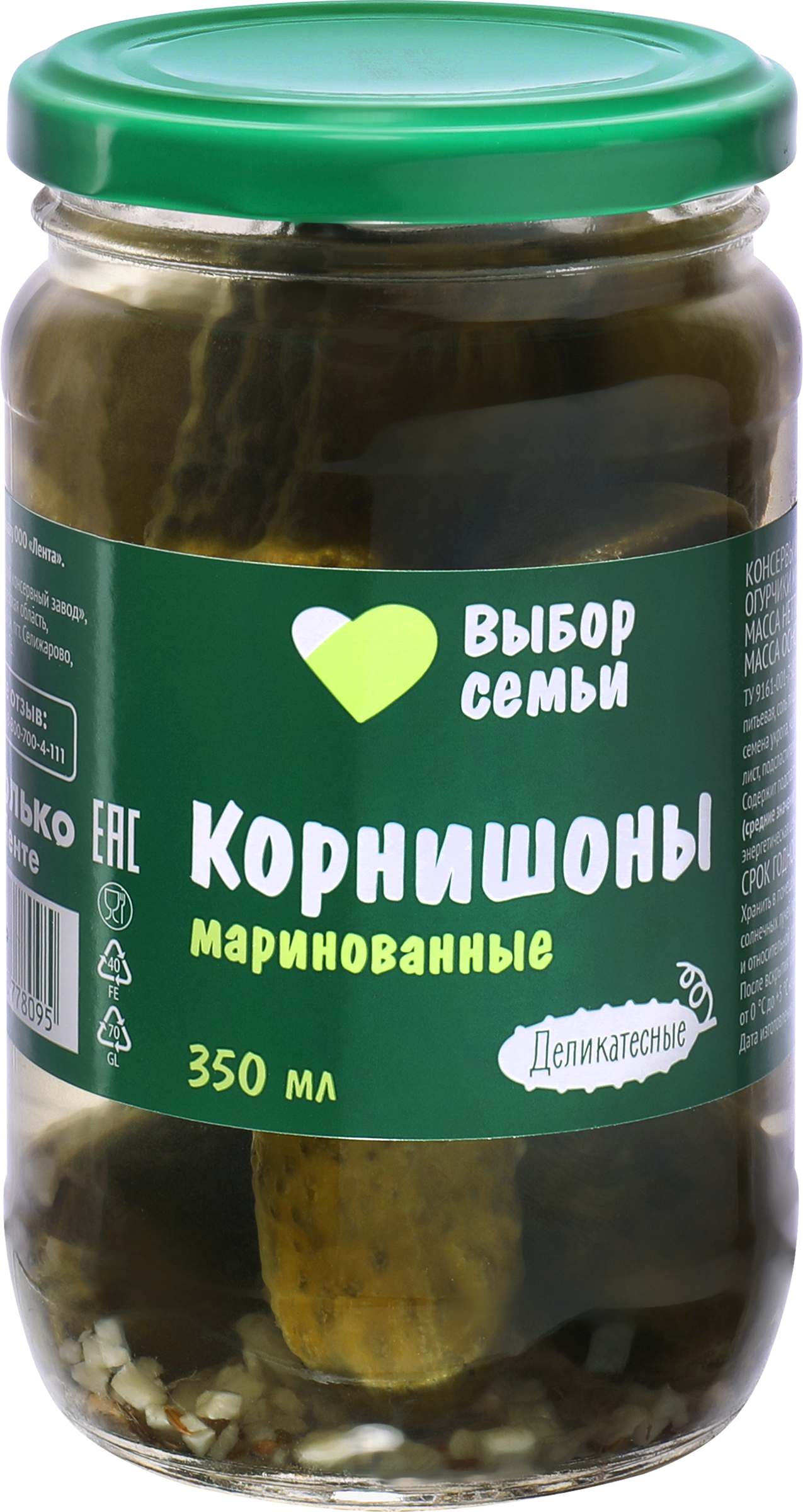 Изображение товара Корнишоны маринованные ВЫБОР СЕМЬИ в стеклянной банке 350г