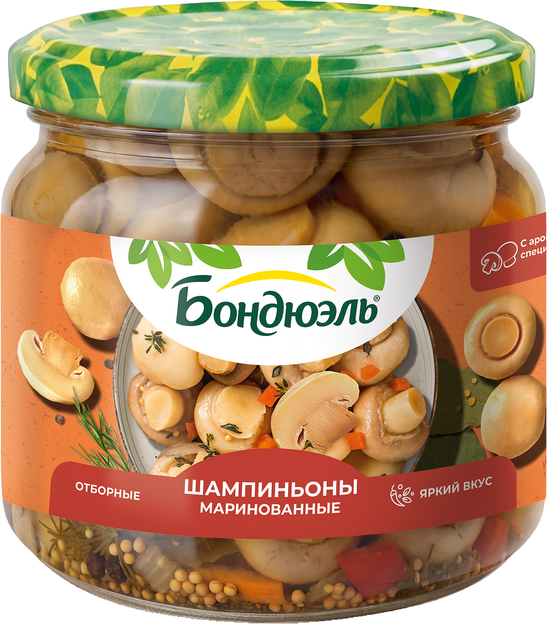 Изображение товара Шампиньоны маринованные БОНДЮЭЛЬ с ароматными специями, 350мл