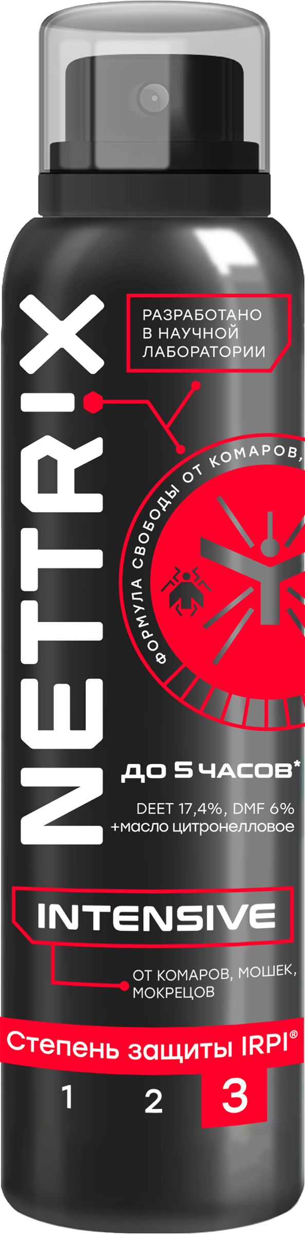 Изображение товара Аэрозоль репеллентный NETTRIX Intensive от комаров, мошек, мокрецов, степень защиты 3IRPI, 150мл Изображение товара Аэрозоль репеллентный NETTRIX Intensive от комаров, мошек, мокрецов, степень защиты 3IRPI, 150мл