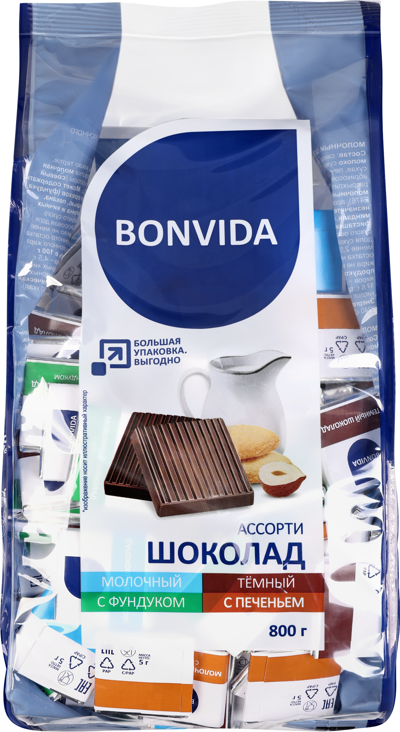 Изображение товара Шоколад BONVIDA ассорти темного и молочного 800г с орехами и печеньем Изображение товара Шоколад BONVIDA ассорти темного и молочного 800г с орехами и печеньем