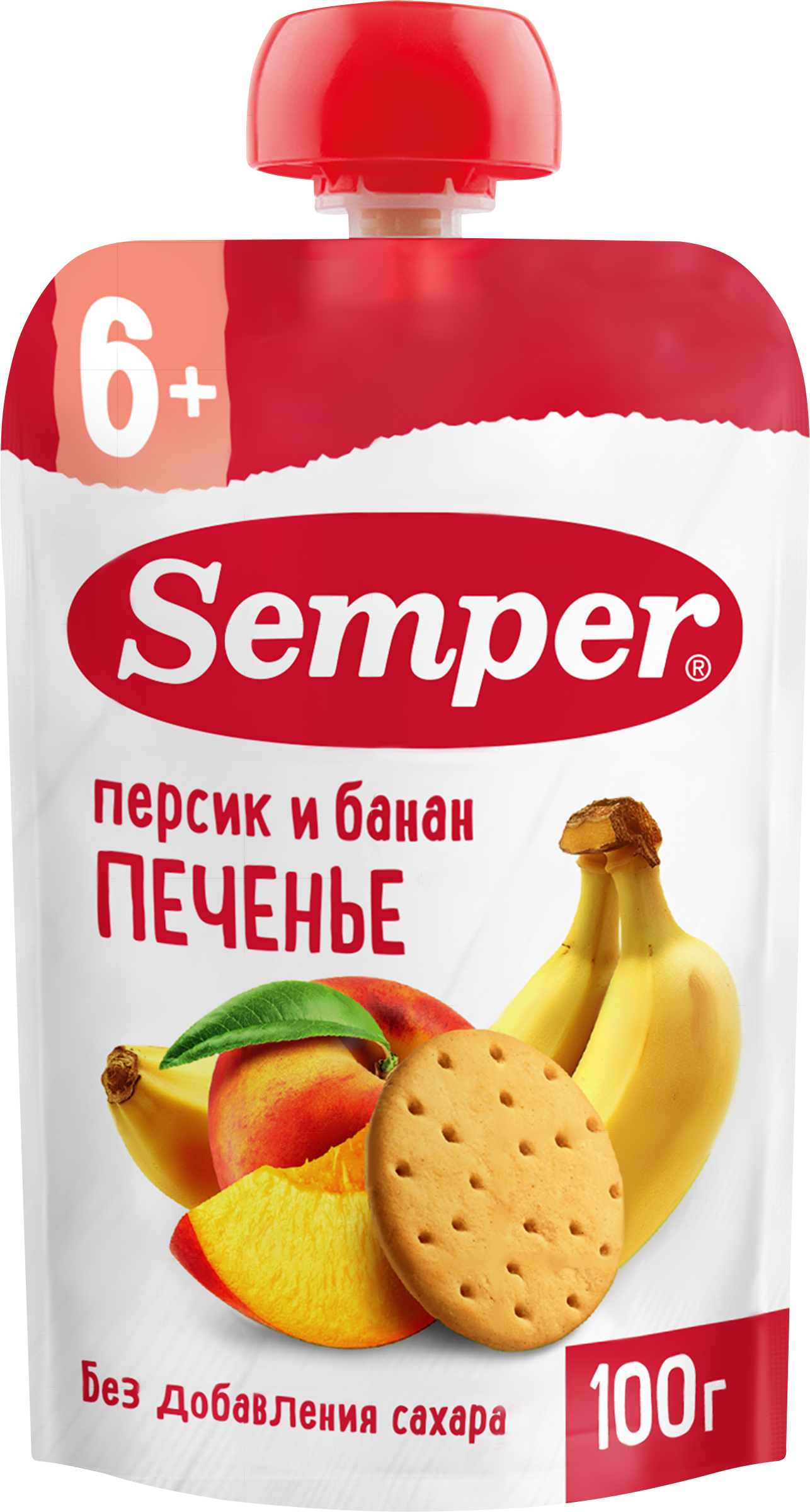 Изображение товара Детское фруктовое пюре SEMPER с персиком, бананом и печеньем 100г