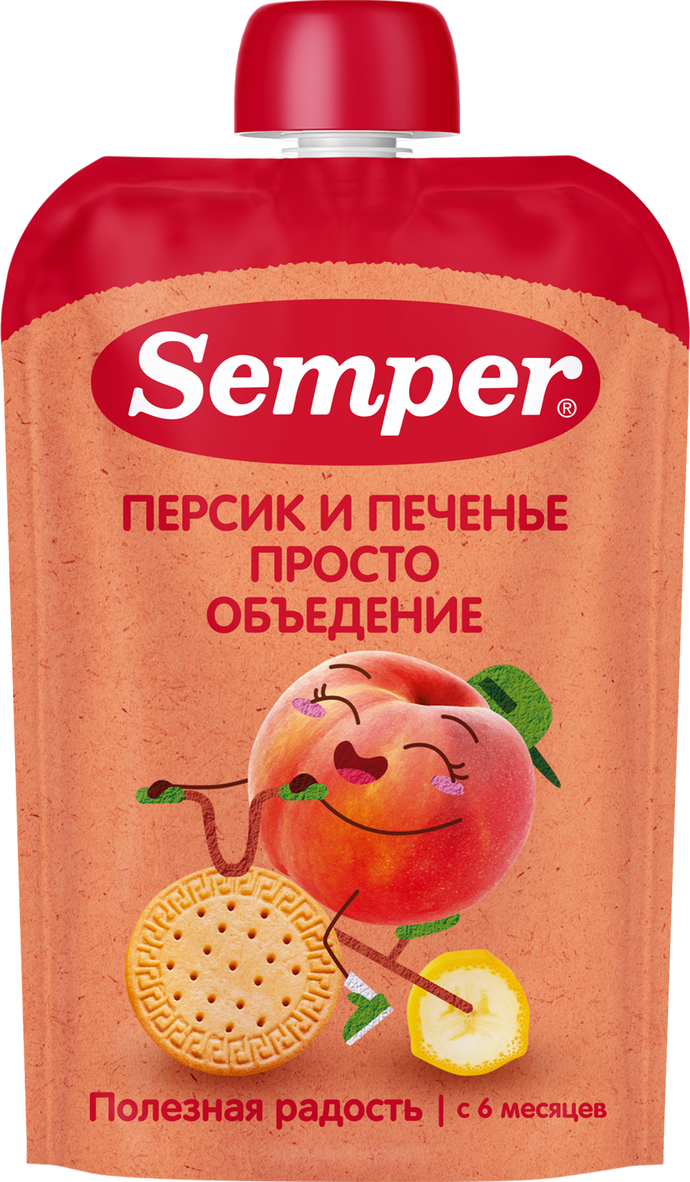 Изображение товара Пюре фруктовое SEMPER Персик и банан с печеньем, 100г Изображение товара Пюре фруктовое SEMPER Персик и банан с печеньем, 100г
