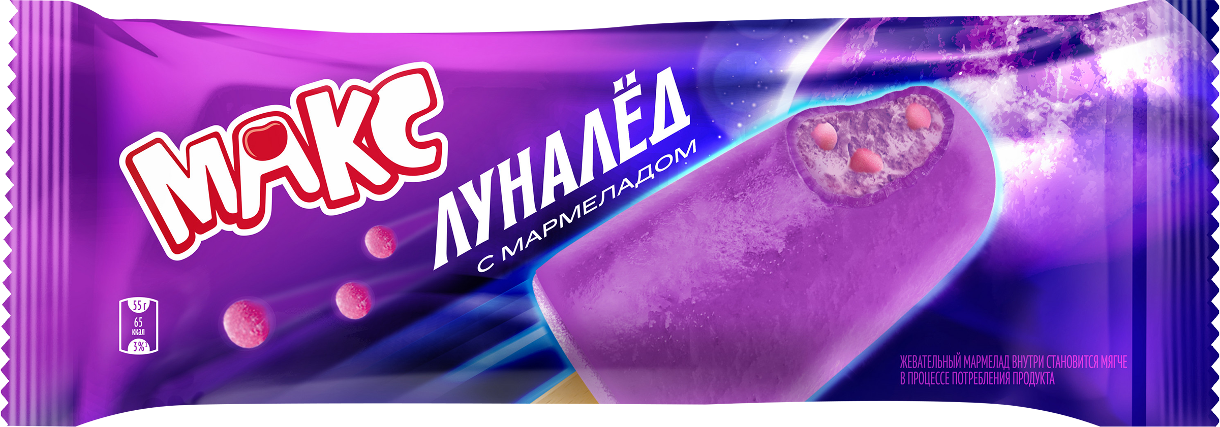 Изображение товара Фруктовый лед MAX Луналед со вкусом земляники и мармелада бабл-гам 55г эскимо Изображение товара Фруктовый лед MAX Луналед со вкусом земляники и мармелада бабл-гам 55г эскимо