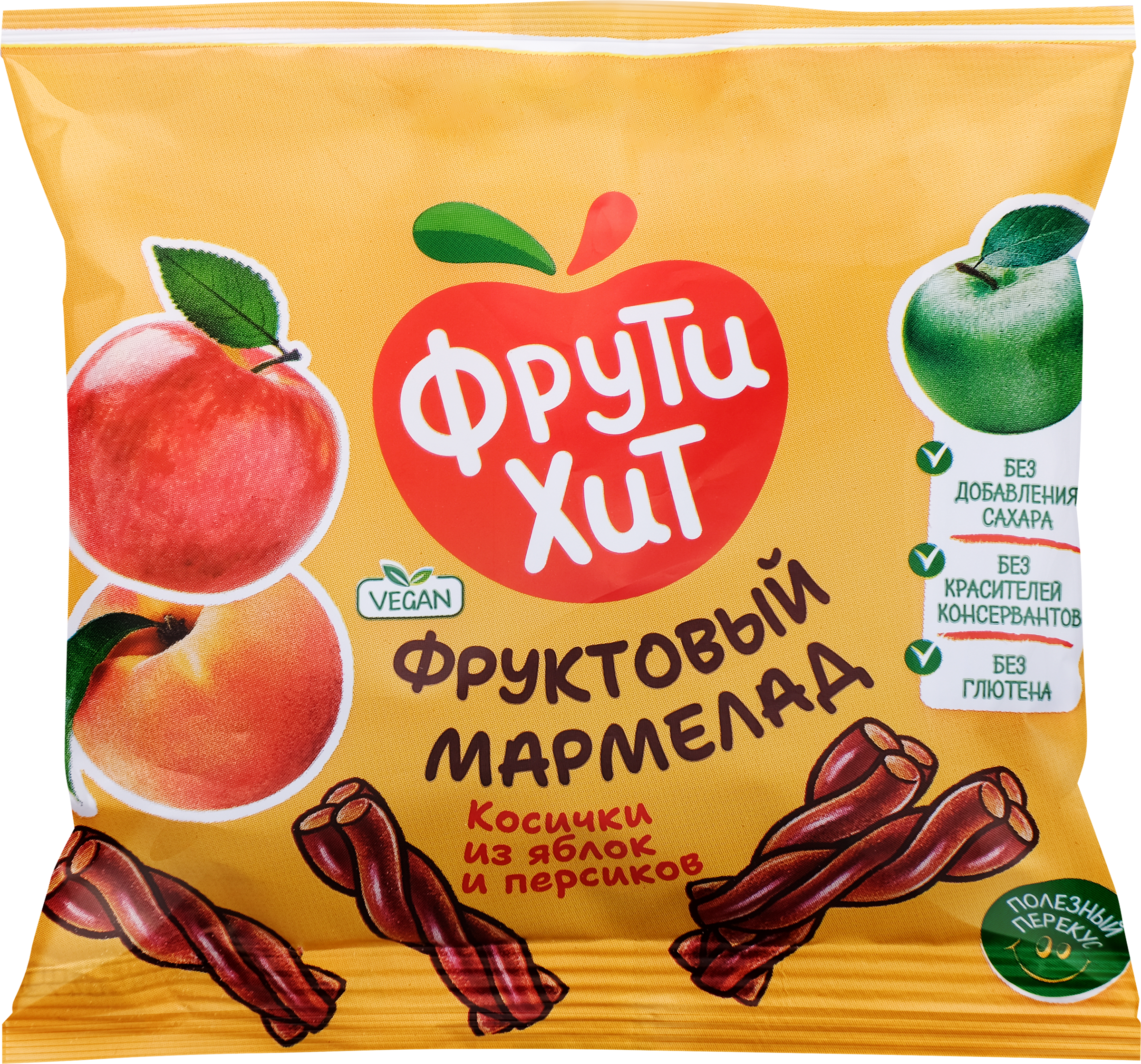 Изображение товара Мармелад жевательный ФРУТИХИТ Косички из яблок и персиков без сахара 45г
