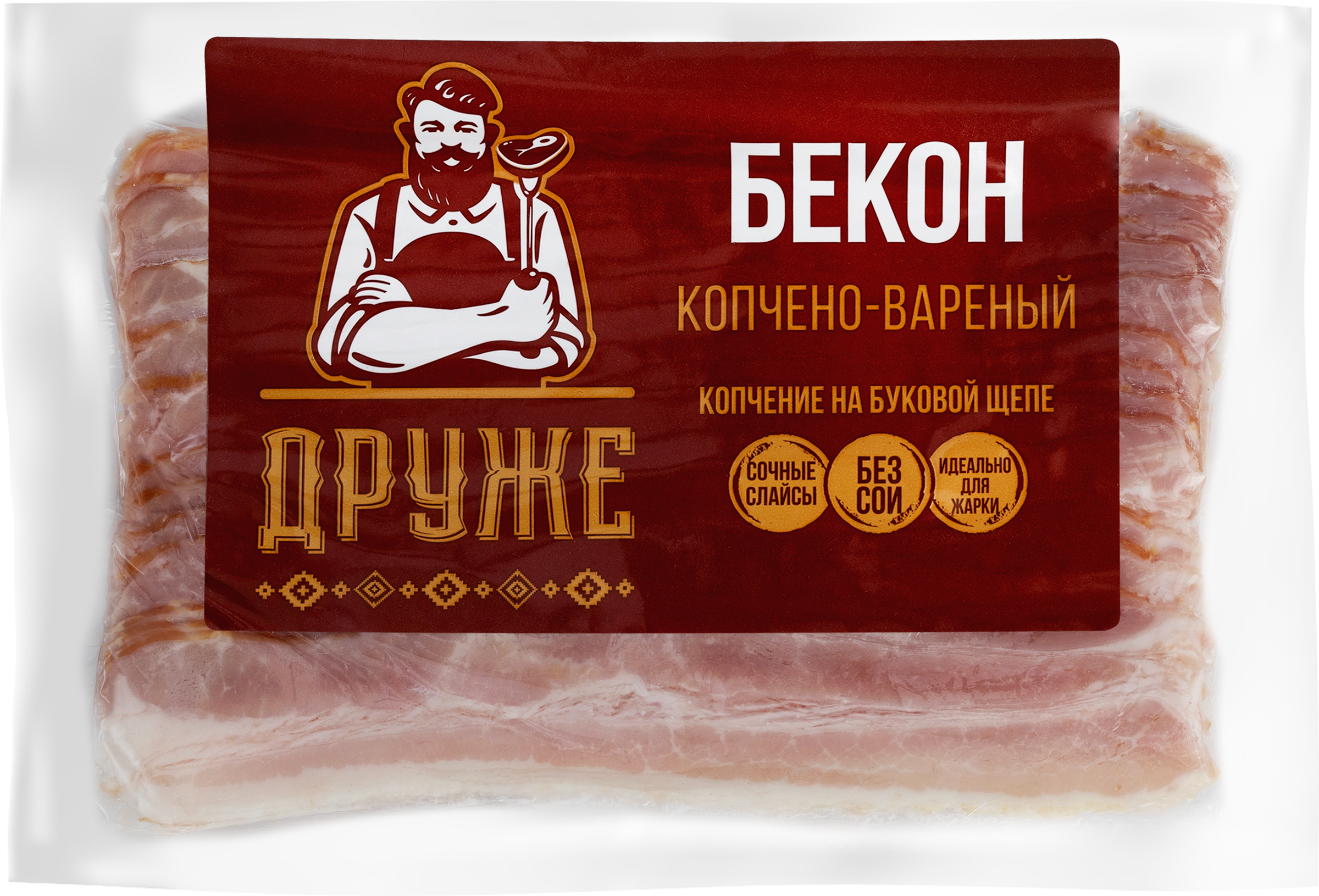 Изображение товара Бекон копчено-вареный ДРУЖЕ в нарезке 200г для завтрака и блюд Изображение товара Бекон копчено-вареный ДРУЖЕ в нарезке 200г для завтрака и блюд