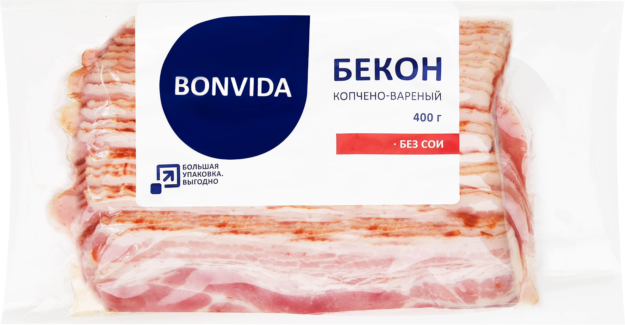Изображение товара Бекон варено-копченый BONVIDA нарезка 400г - вкусный деликатес для завтрака Изображение товара Бекон варено-копченый BONVIDA нарезка 400г - вкусный деликатес для завтрака