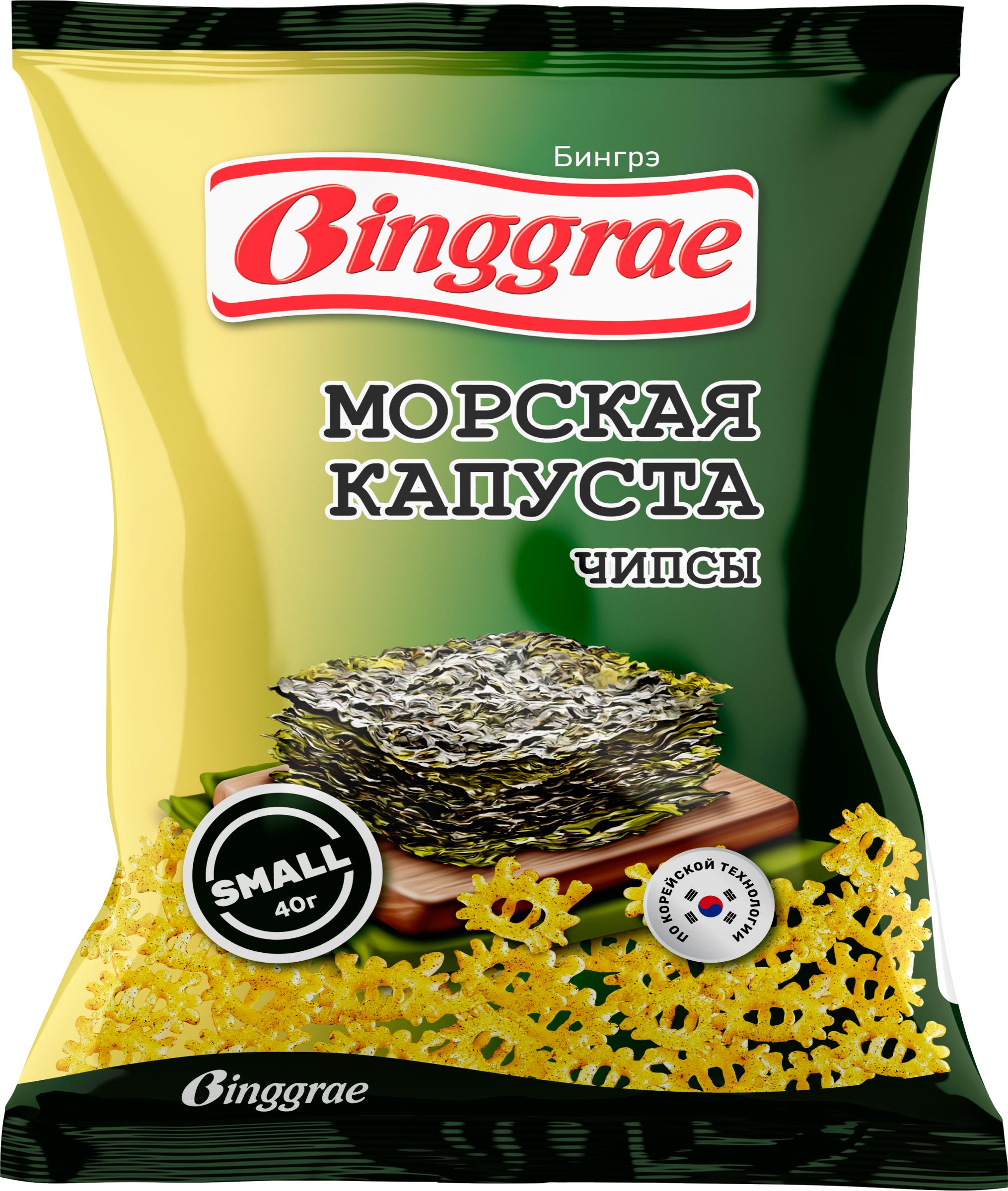 Изображение товара Чипсы пшеничные БИНГРЭ со вкусом морской капусты, 40 г - воздушная закуска с морским ароматом