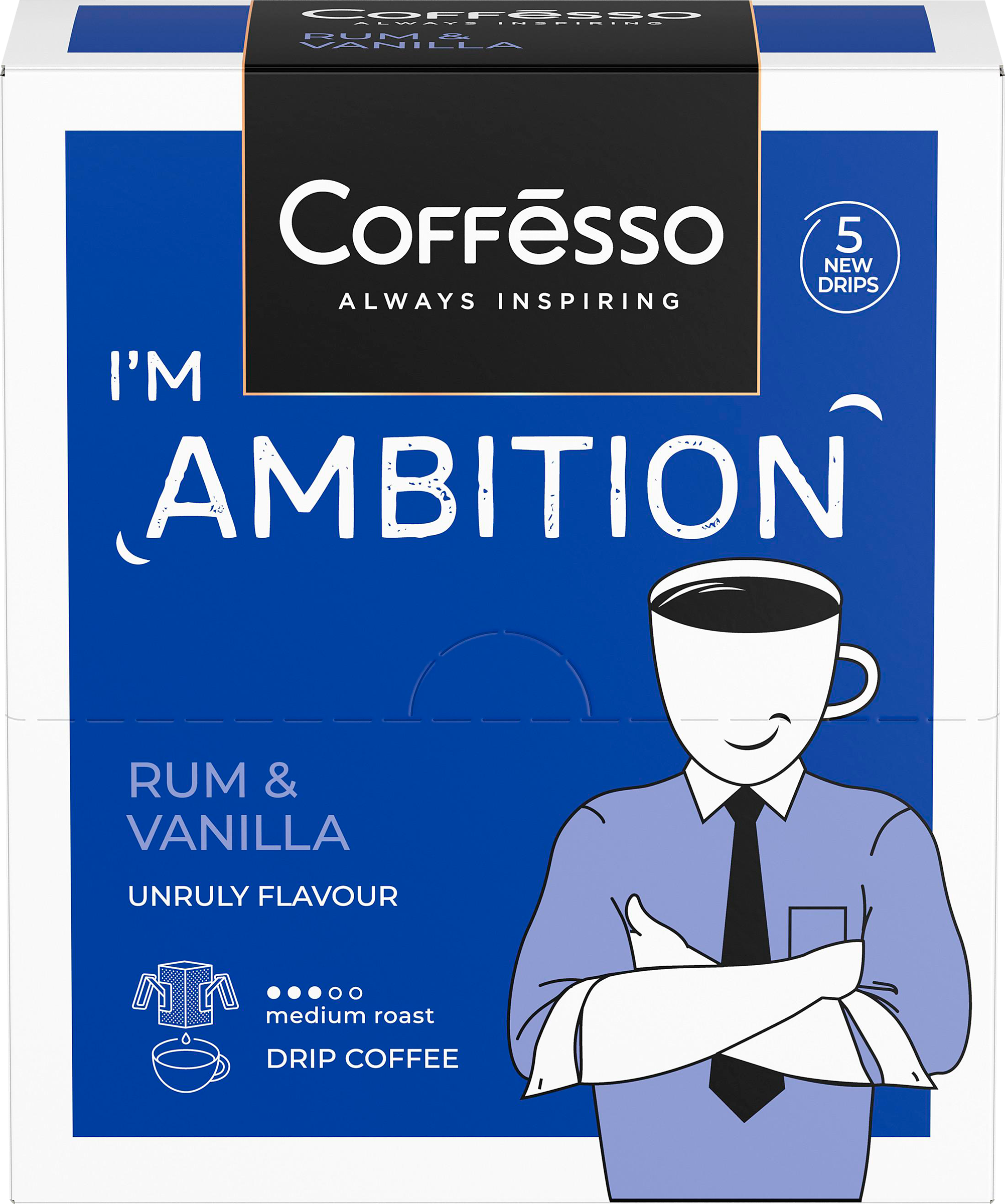 Изображение товара Кофе молотый COFFESSO Ambition с ароматом рома и ванили, дрип-пакет, 5 штук Изображение товара Кофе молотый COFFESSO Ambition с ароматом рома и ванили, дрип-пакет, 5 штук