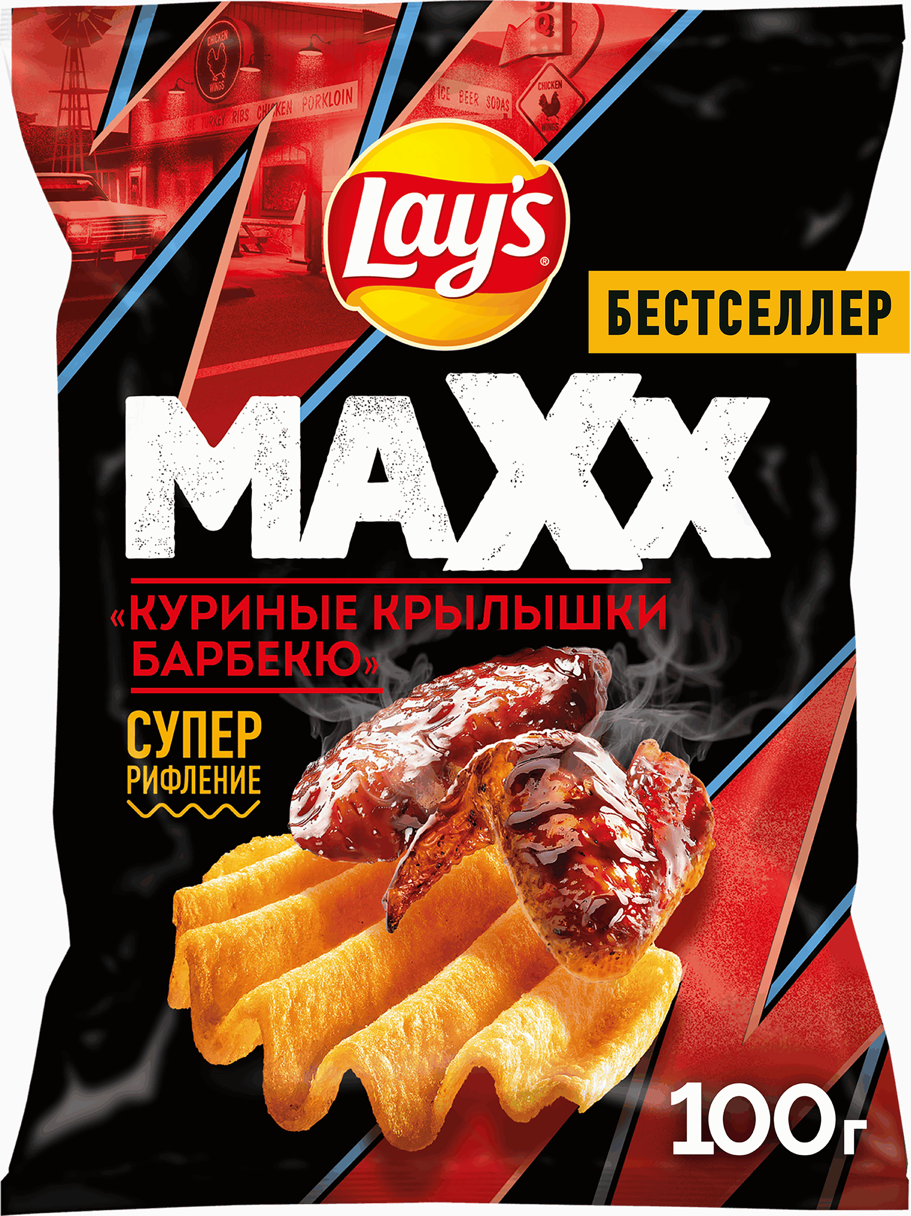 Изображение товара Чипсы картофельные LAY'S Махх Куриные крылышки барбекю 100г - хрустящий и ароматный перекус Изображение товара Чипсы картофельные LAY'S Махх Куриные крылышки барбекю 100г - хрустящий и ароматный перекус