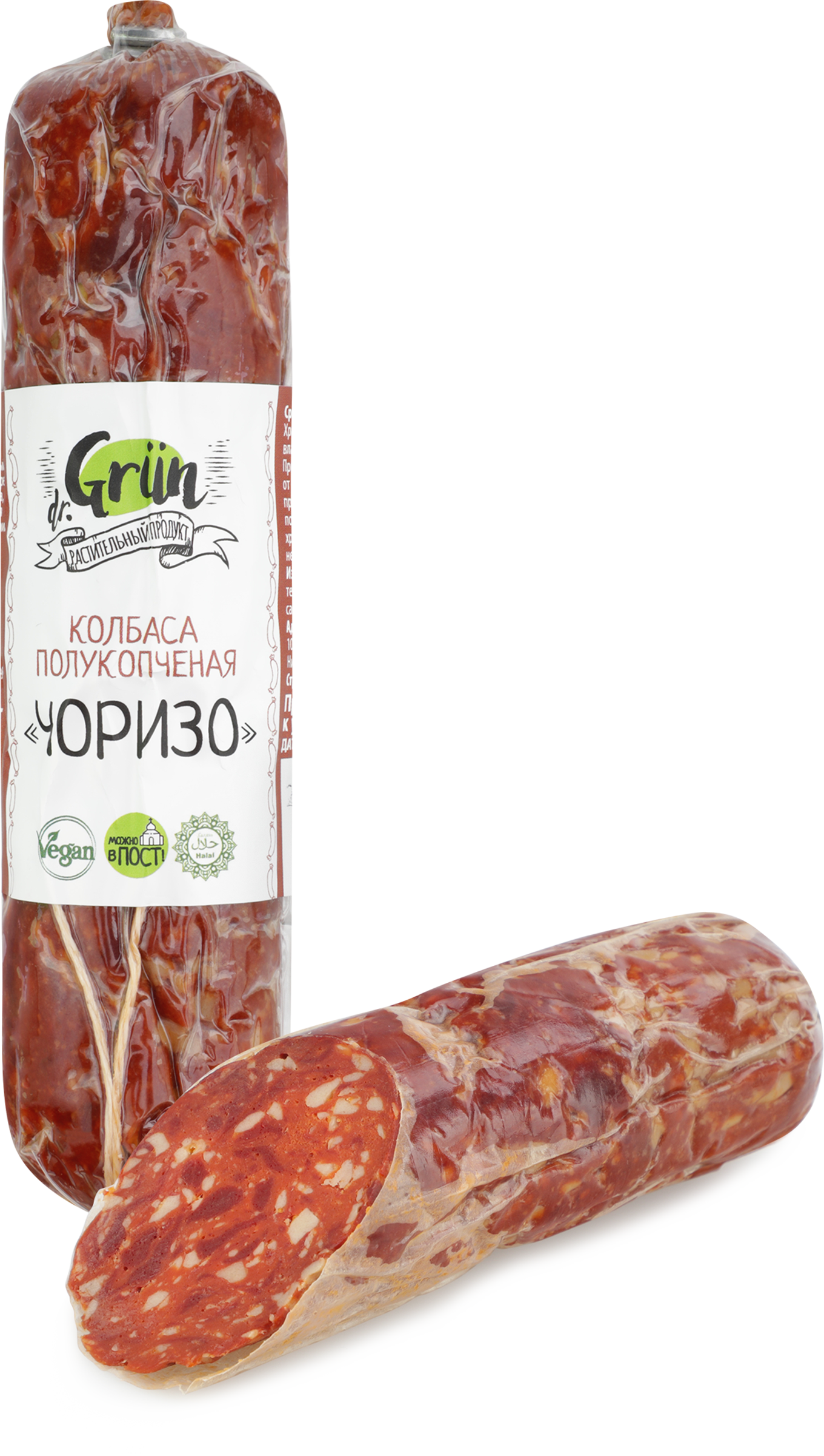Изображение товара Полукопченая растительная колбаса DR.GRUN Чоризо 200г в вакуумной упаковке Изображение товара Полукопченая растительная колбаса DR.GRUN Чоризо 200г в вакуумной упаковке