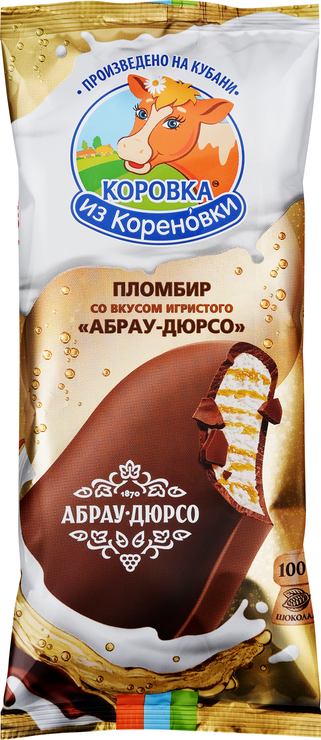 Изображение товара Мороженое КОРОВКА ИЗ КОРЕНОВКИ Пломбир со вкусом игристого Абрау-Дюрсо в молочном шоколаде 15%, без змж, эскимо, 70г