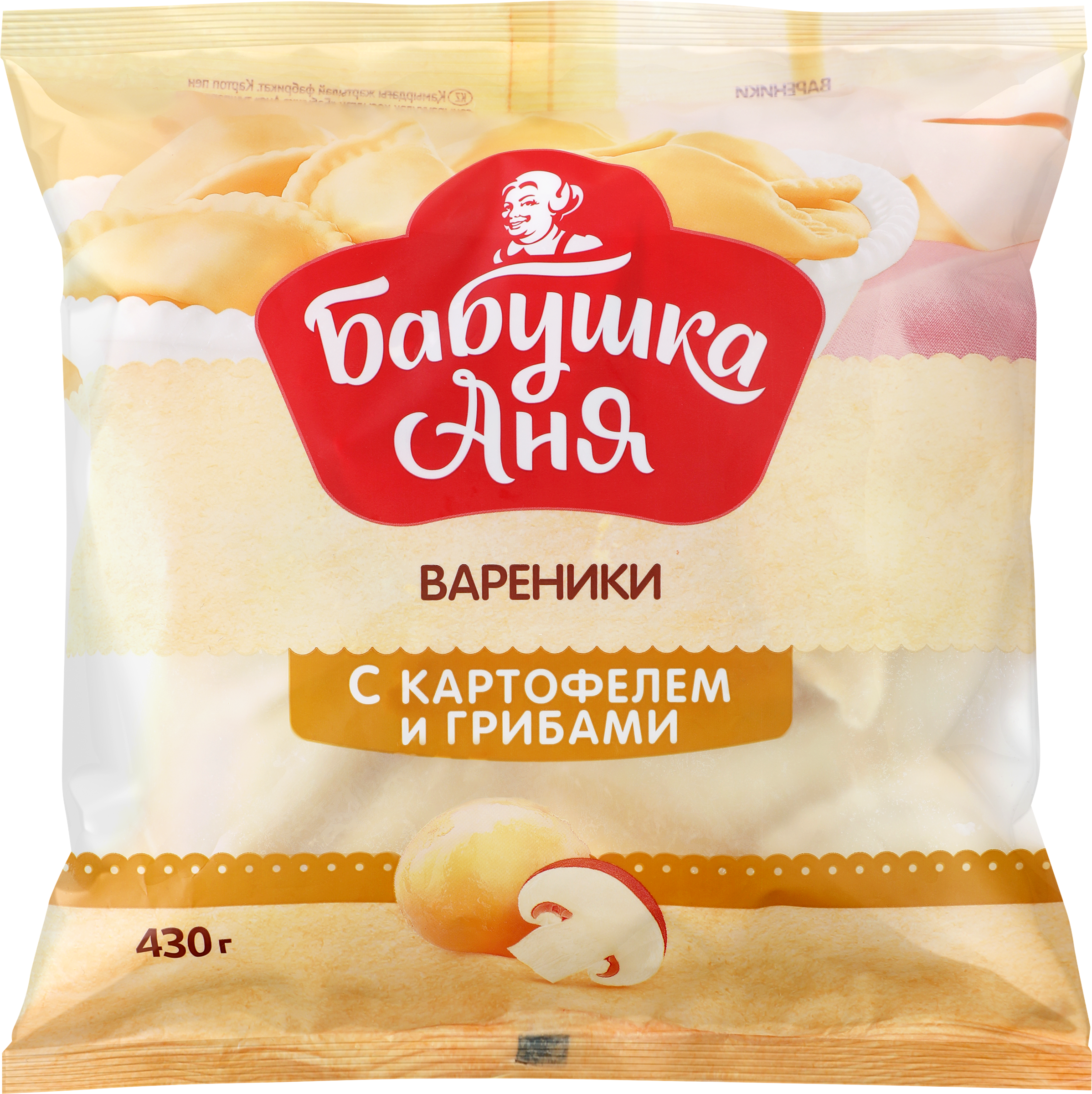 Изображение товара Вареники БАБУШКА АНЯ с картофелем и грибами, 430г Изображение товара Вареники БАБУШКА АНЯ с картофелем и грибами, 430г