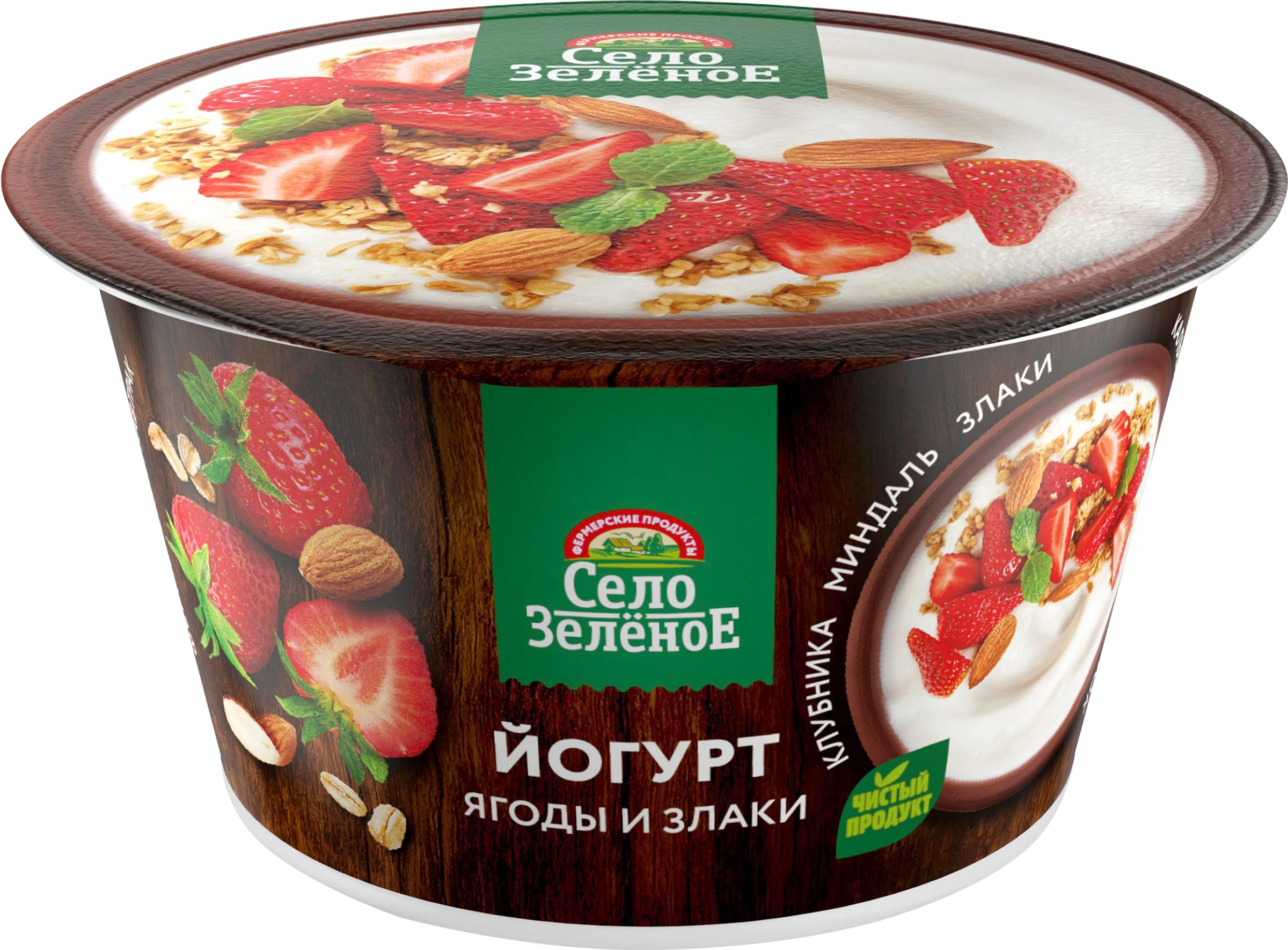 Изображение товара Йогурт натуральный СЕЛО ЗЕЛЕНОЕ с клубникой, миндалем и злаками 3,2% - полезный и вкусный завтрак