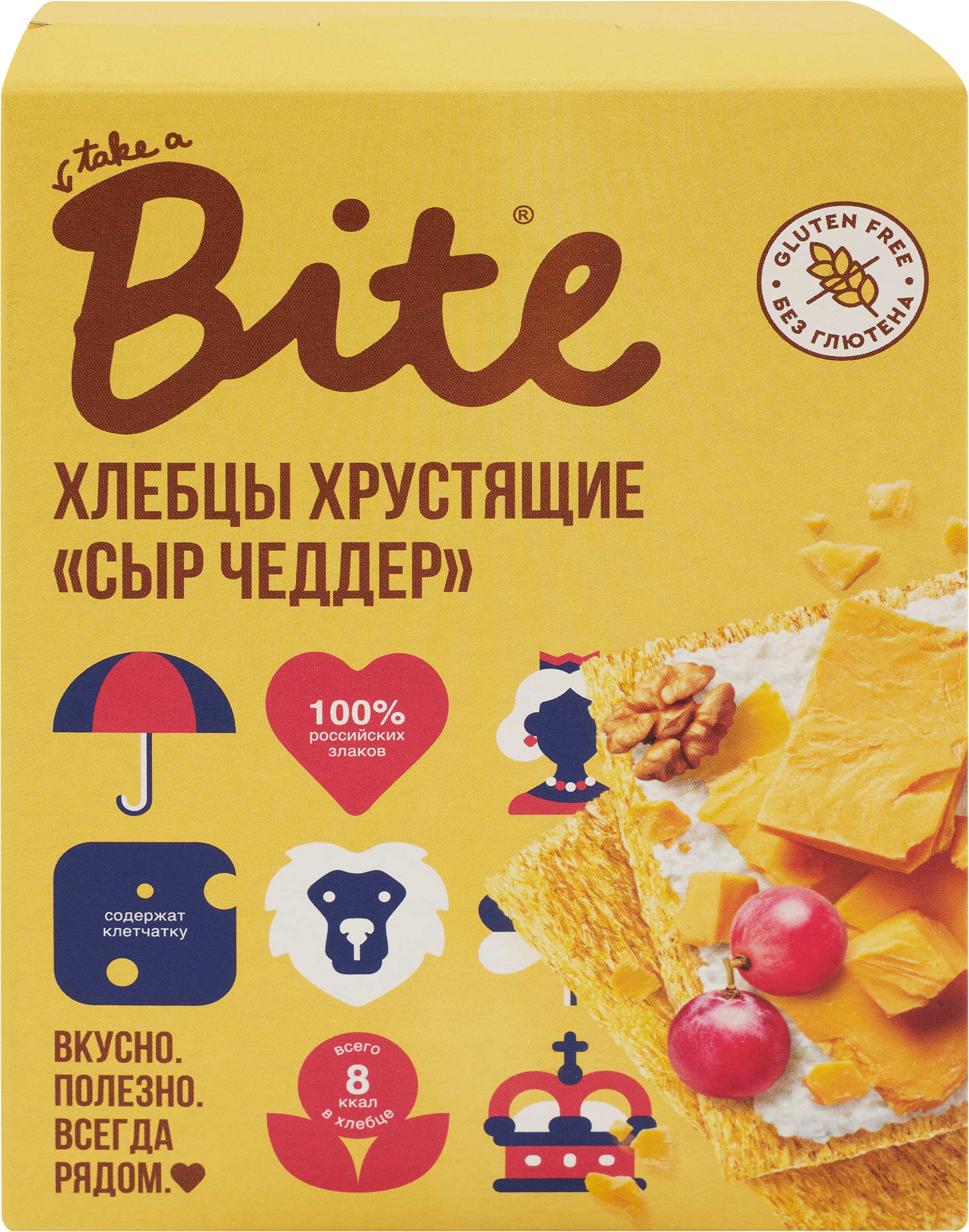 Изображение товара Хлебцы кукурузно-рисовые TAKE A BITE Хрустящие, со вкусом сыра Чеддер, 100г Изображение товара Хлебцы кукурузно-рисовые TAKE A BITE Хрустящие, со вкусом сыра Чеддер, 100г