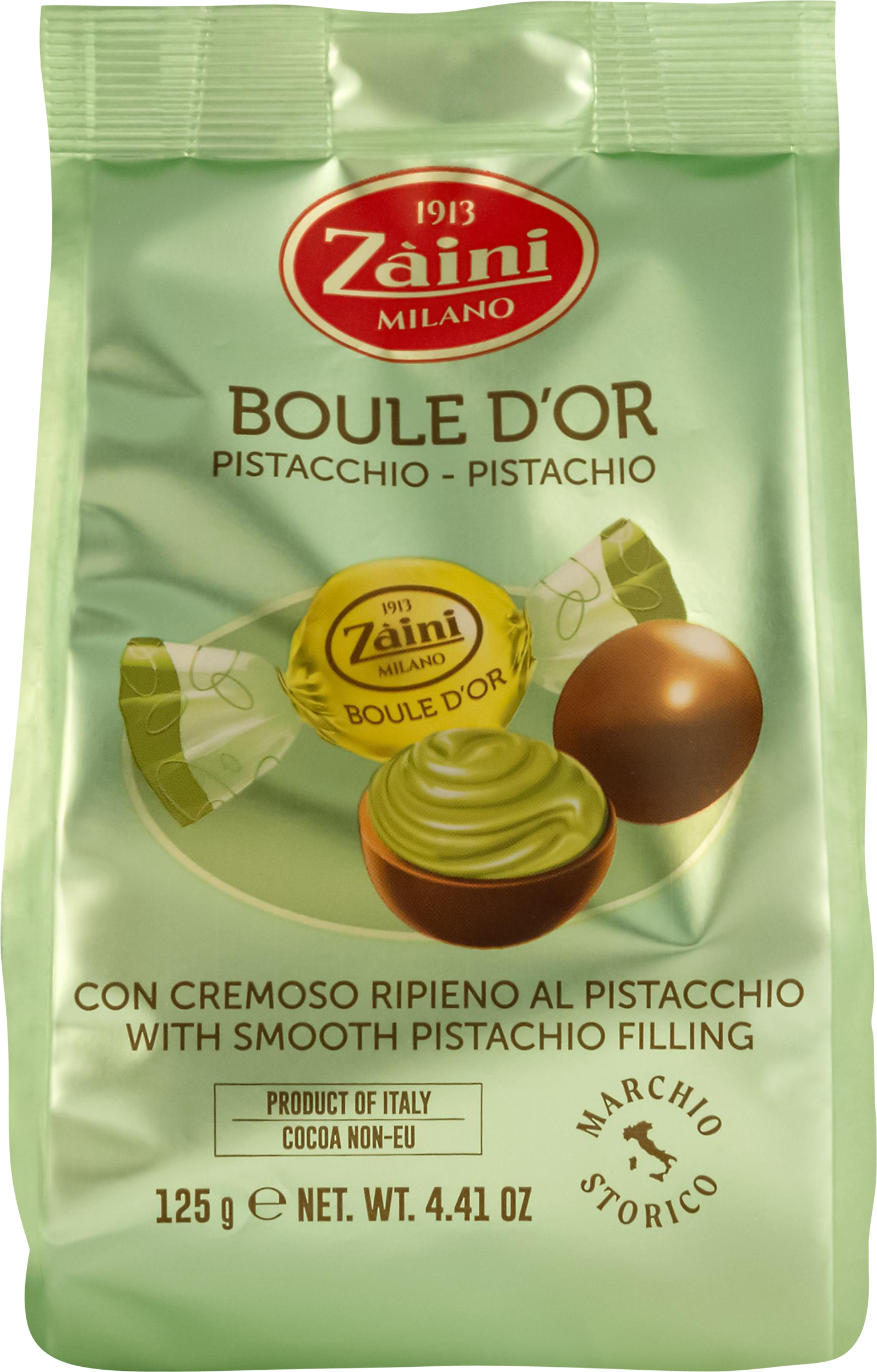 Изображение товара Конфеты шоколадные ZAINI Boule d'or с фисташковым кремом 125г Италия Изображение товара Конфеты шоколадные ZAINI Boule d'or с фисташковым кремом 125г Италия