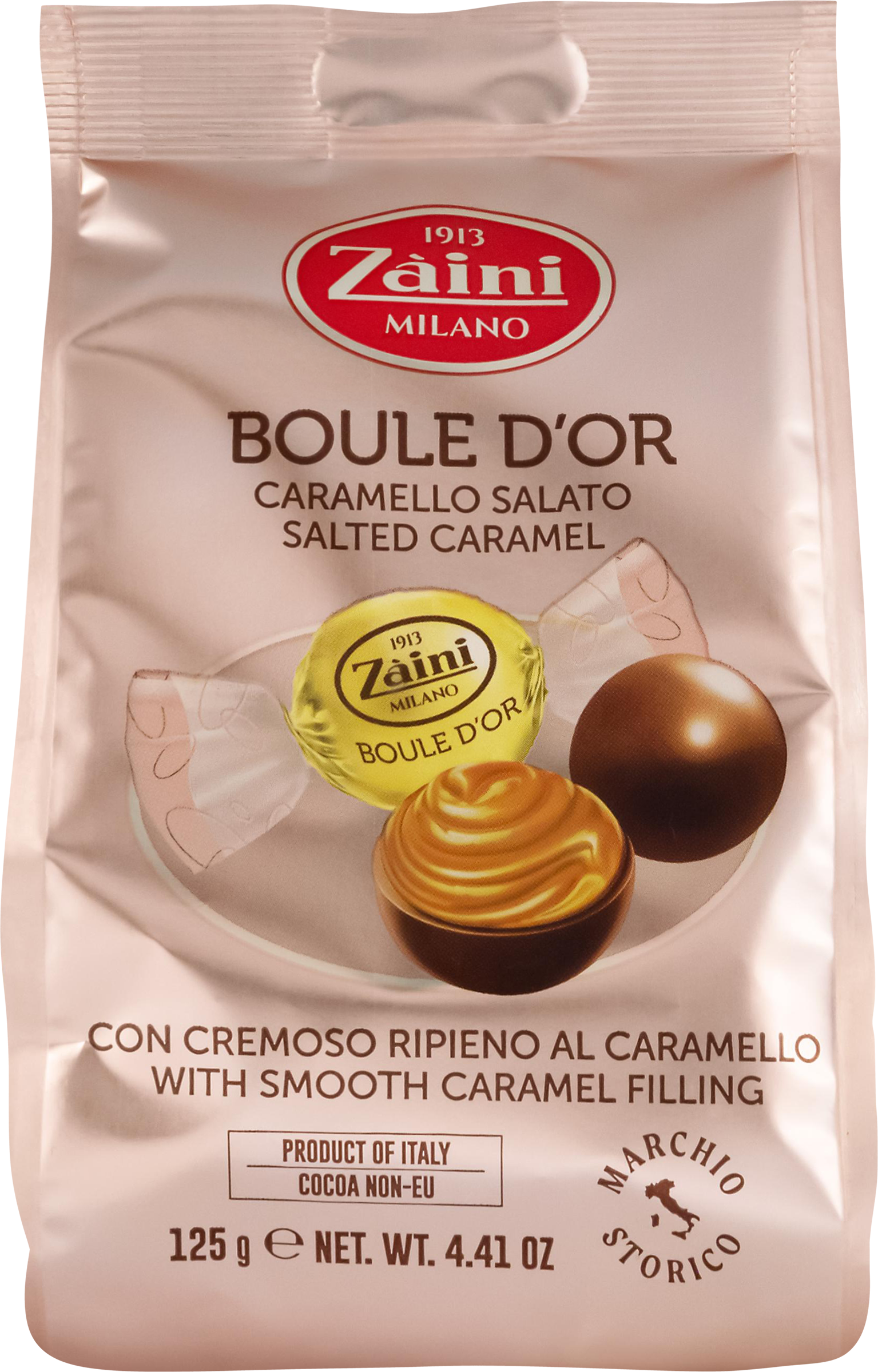 Изображение товара Конфеты шоколадные ZAINI Boule d'or с молочным шоколадом и соленой карамелью 125г Изображение товара Конфеты шоколадные ZAINI Boule d'or с молочным шоколадом и соленой карамелью 125г