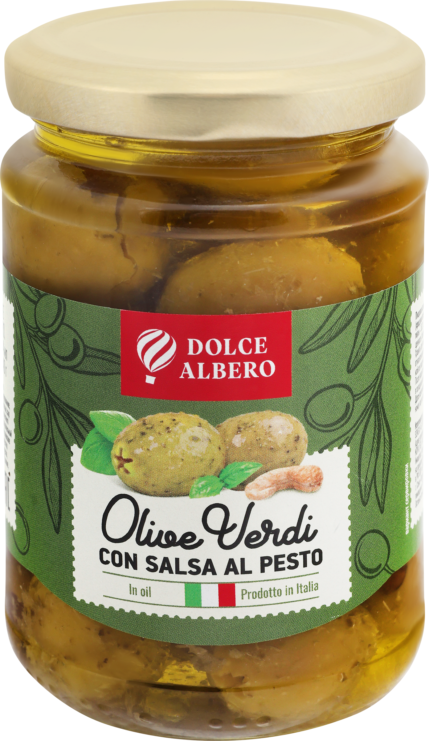 Изображение товара Оливки зеленые фаршированные DOLCE ALBERO с песто, 314мл Изображение товара Оливки зеленые фаршированные DOLCE ALBERO с песто, 314мл