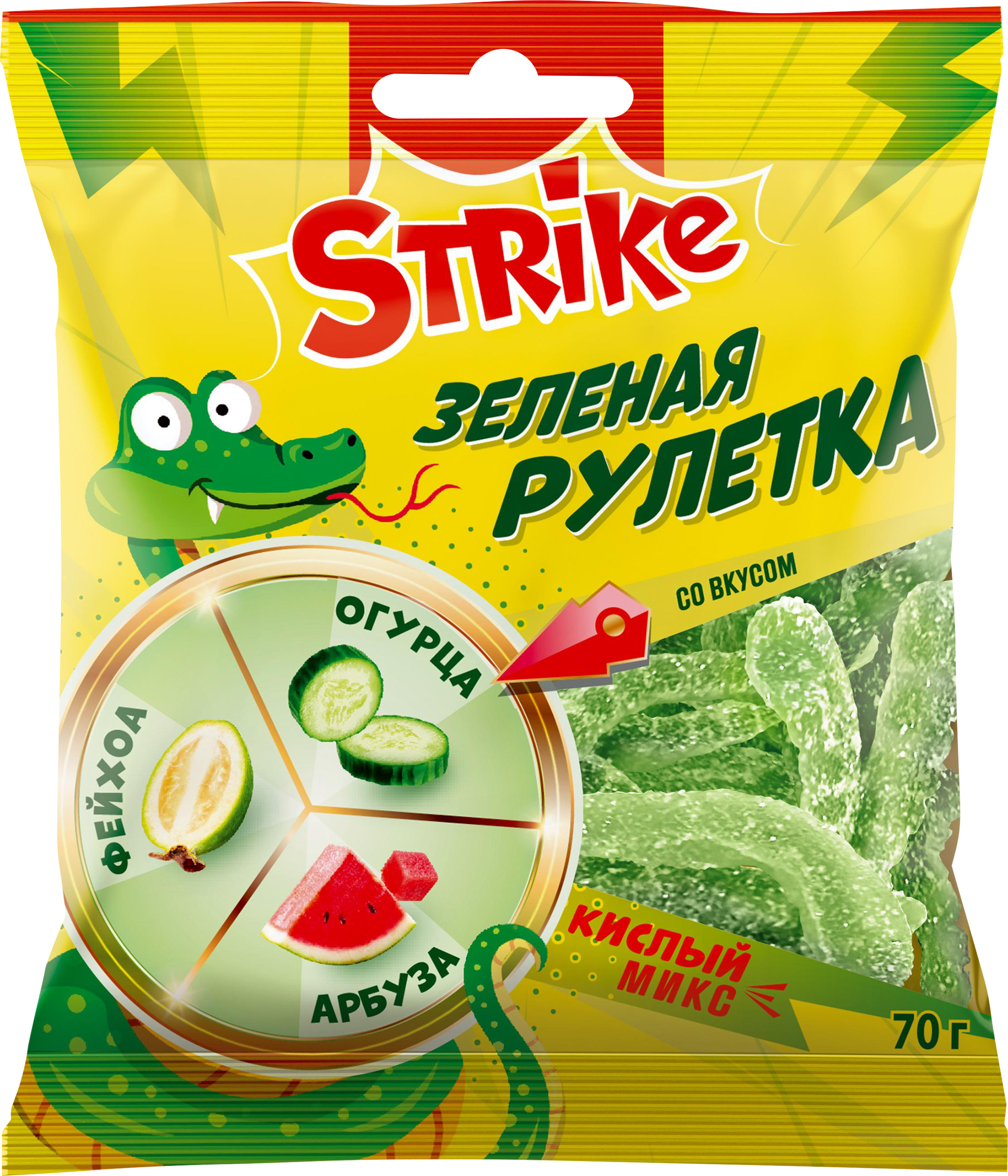 Изображение товара STRIKE Зеленая рулетка - мармелад 70 г: огурец/фейхоа/арбуз Изображение товара STRIKE Зеленая рулетка - мармелад 70 г: огурец/фейхоа/арбуз