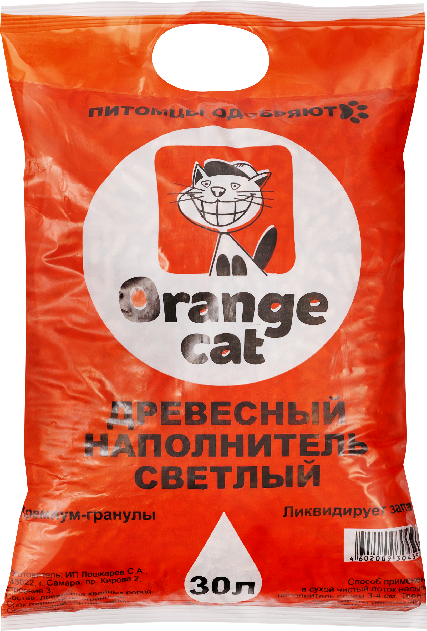 Изображение товара Наполнитель для кошачьего туалета ORANGE CAT Древесный светлый, 30л
