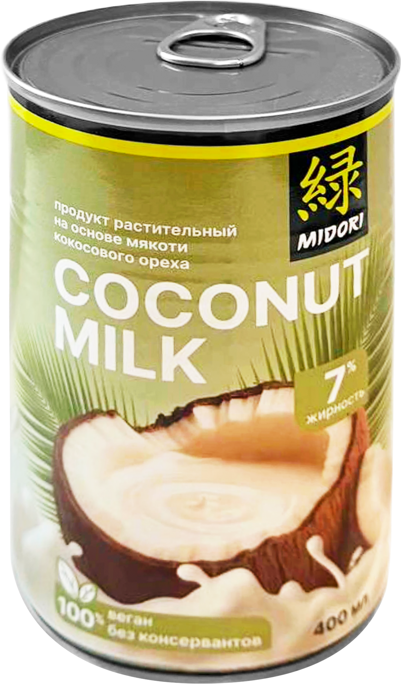 Изображение товара Продукт растительный MIDORI Кокосовое молоко 7%, на основе мякоти кокосового ореха, 400мл