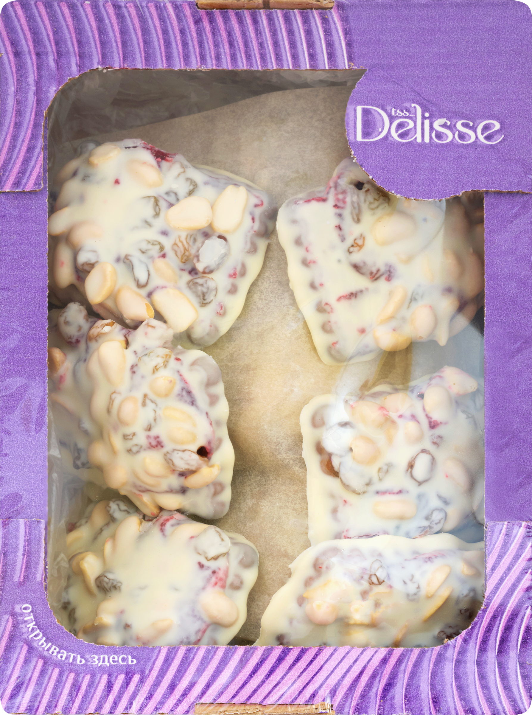 Изображение товара Десерт DELISSE со вкусом клюквы с изюмом и арахисом, в белой глазури, 700г