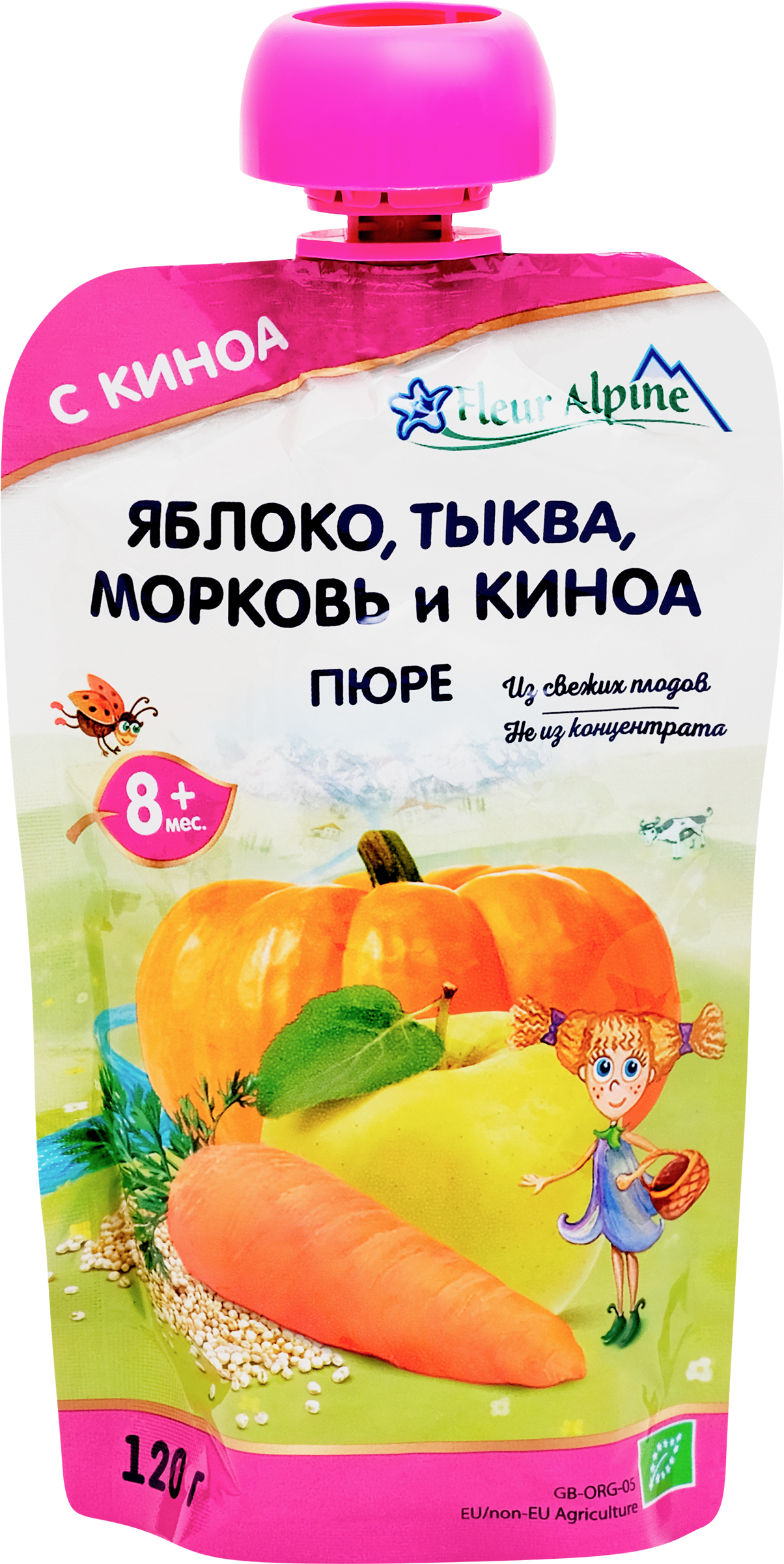 Изображение товара Пюре детское фруктово-овощное FLEUR ALPINE Яблоко, морковь, тыква и киноа, с 8 месяцев, 120г Изображение товара Пюре детское фруктово-овощное FLEUR ALPINE Яблоко, морковь, тыква и киноа, с 8 месяцев, 120г