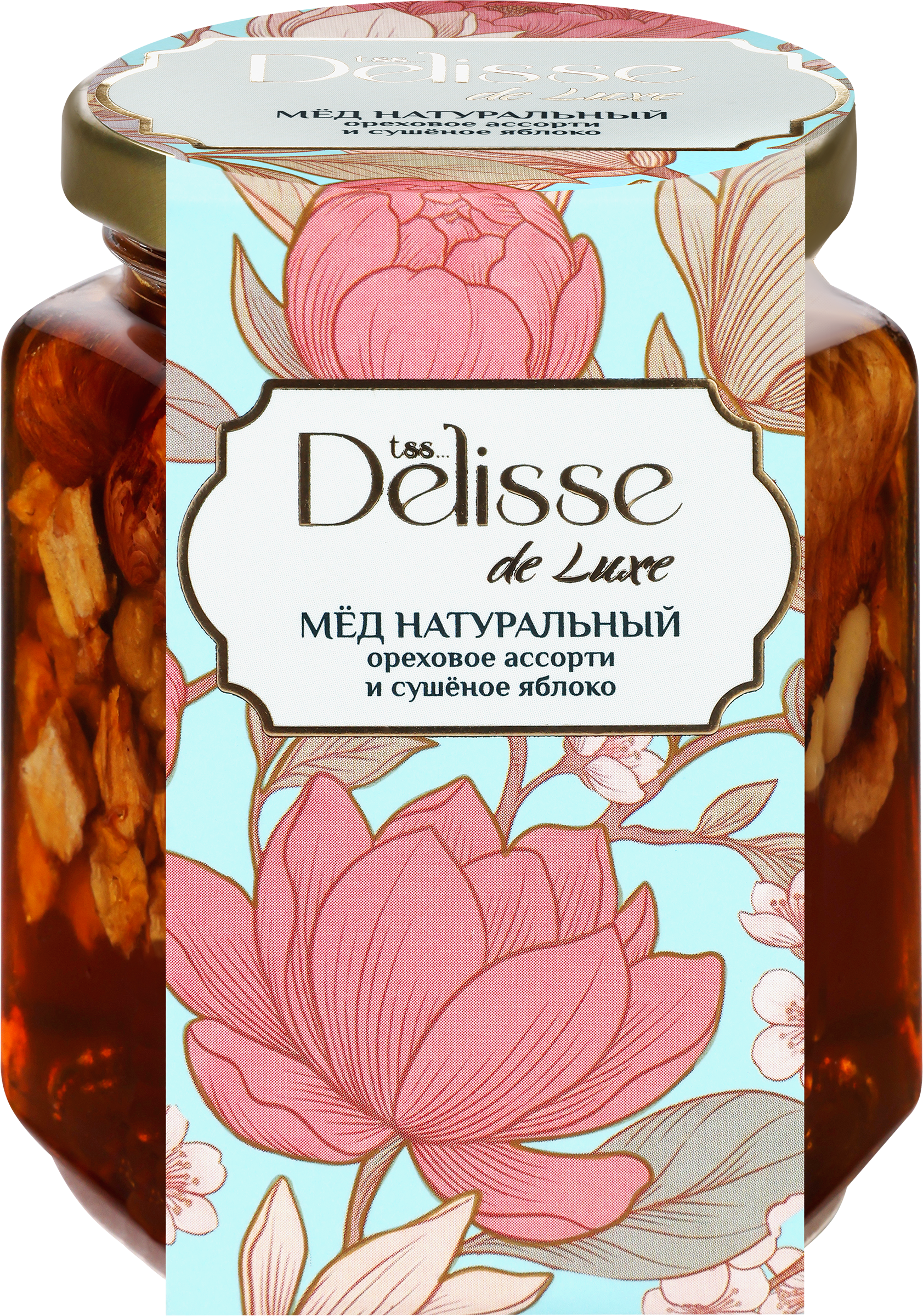 Изображение товара Мед натуральный DELISSE DE LUXE Ореховое ассорти и сушеное яблоко, 225г Изображение товара Мед натуральный DELISSE DE LUXE Ореховое ассорти и сушеное яблоко, 225г