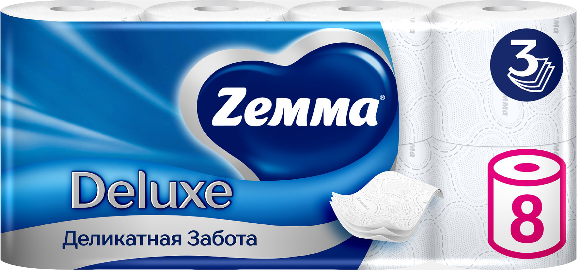 Изображение товара Бумага туалетная ZEMMA Deluxe Деликатная Забота 3 слоя, 8шт Изображение товара Бумага туалетная ZEMMA Deluxe Деликатная Забота 3 слоя, 8шт