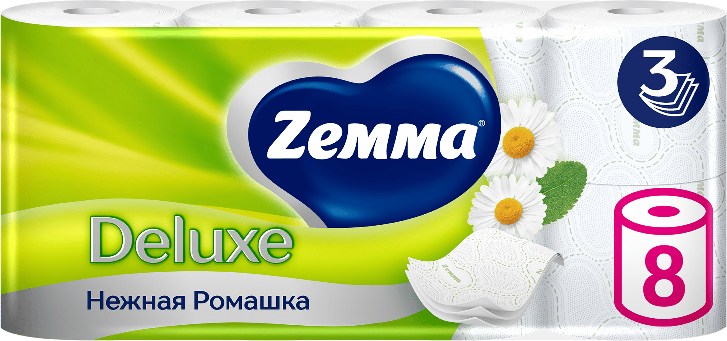 Изображение товара Бумага туалетная ZEMMA Deluxe Нежная Ромашка 3 слоя, 8 шт, мягкая и прочная