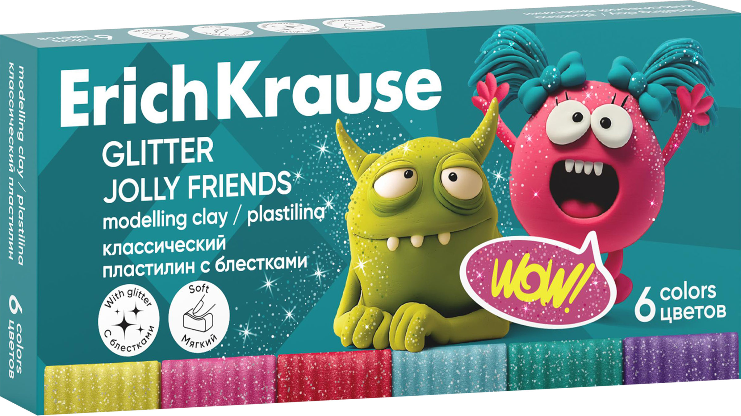 Изображение товара Пластилин ERICHKRAUSE Классический Веселые друзья с блестками, 6 цветов со стеком, 108г Изображение товара Пластилин ERICHKRAUSE Классический Веселые друзья с блестками, 6 цветов со стеком, 108г