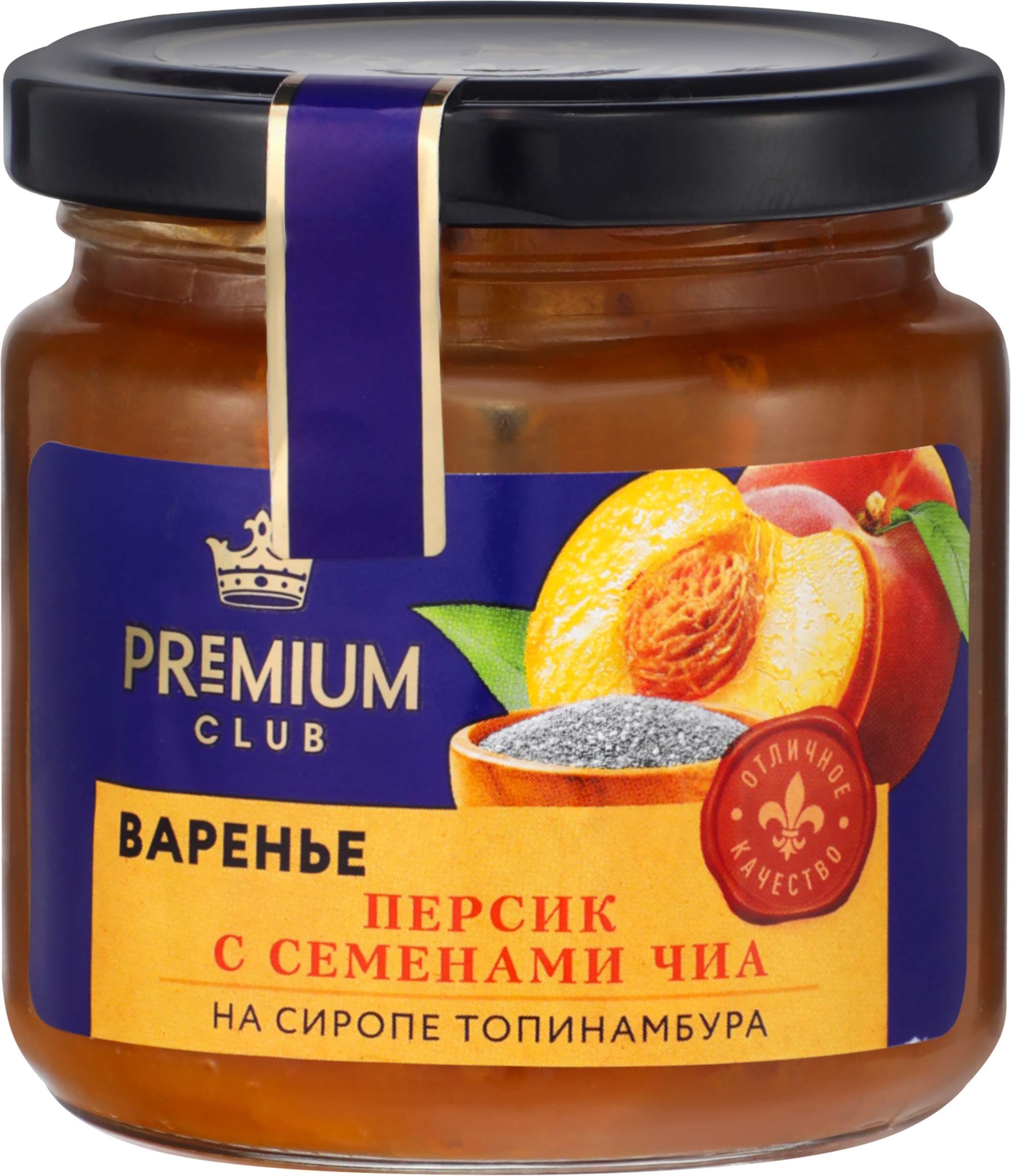Изображение товара Варенье Персик с семенами чиа PREMIUM CLUB 200г - натуральный и полезный десерт Изображение товара Варенье Персик с семенами чиа PREMIUM CLUB 200г - натуральный и полезный десерт