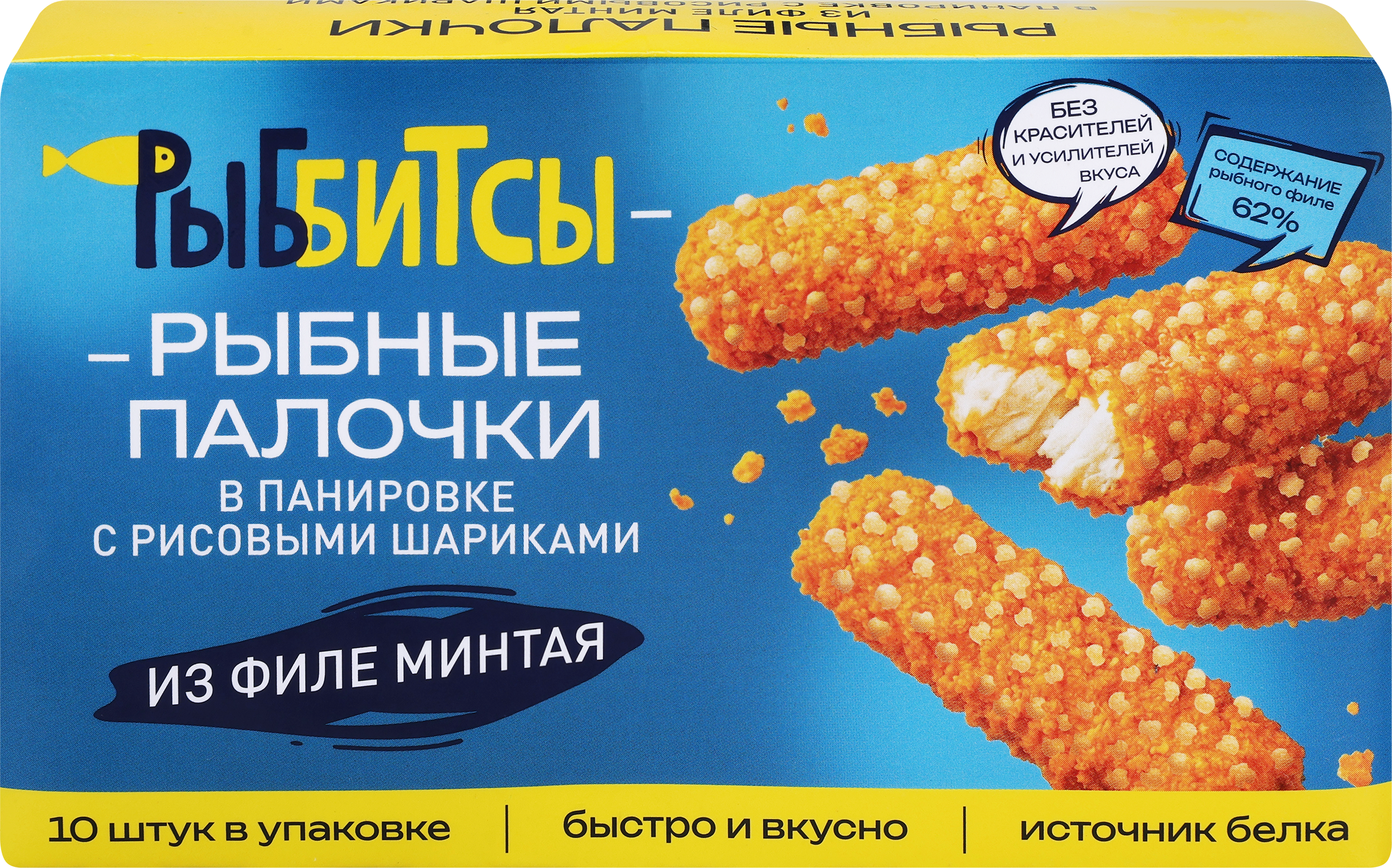 Изображение товара Рыбные палочки РЫББИТСЫ из филе минтая в панировке c рисовыми шариками, 250г Изображение товара Рыбные палочки РЫББИТСЫ из филе минтая в панировке c рисовыми шариками, 250г