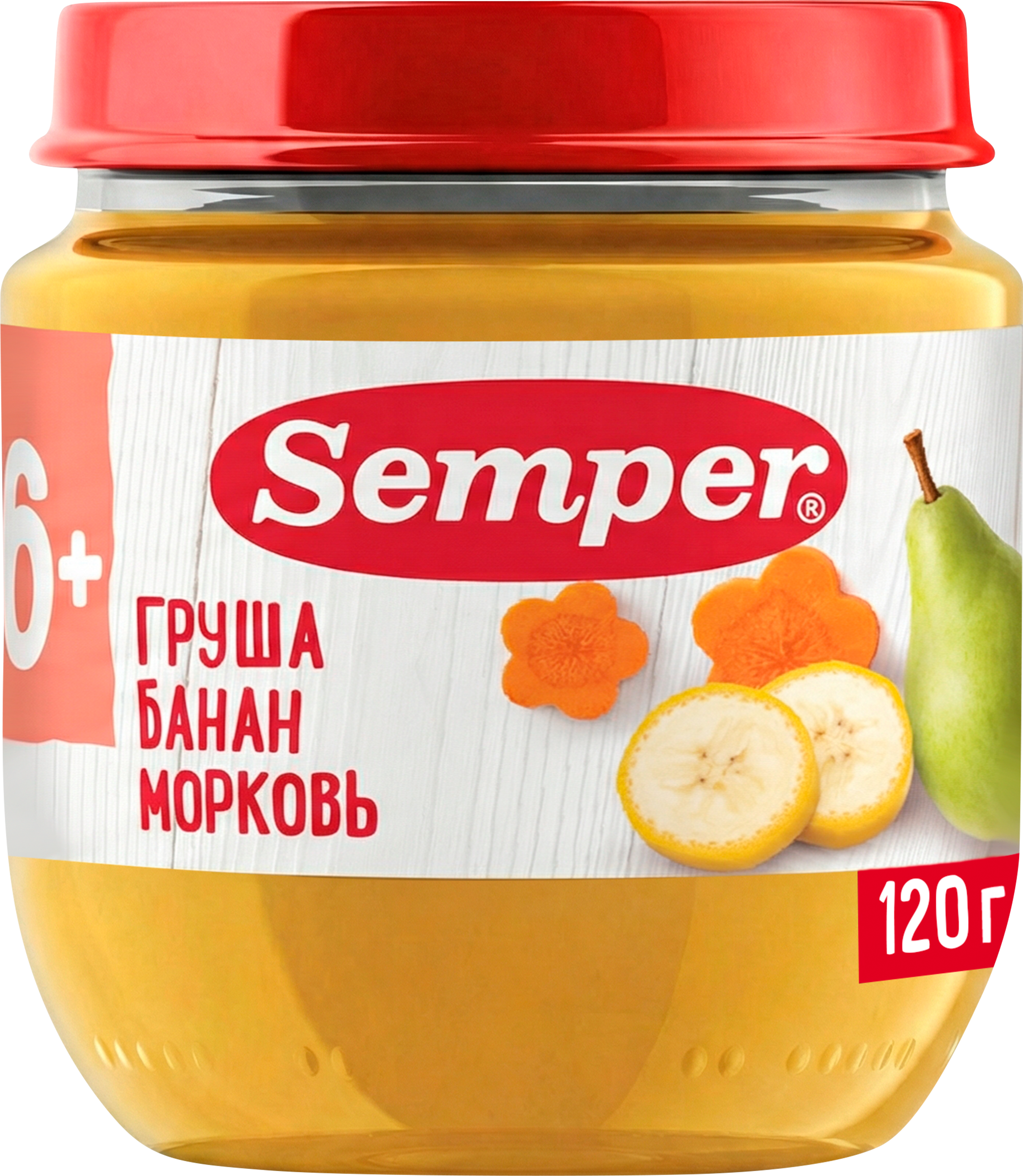 Изображение товара Пюре фруктово-овощное SEMPER Груша, банан, морковь, с 6 месяцев, 120г Изображение товара Пюре фруктово-овощное SEMPER Груша, банан, морковь, с 6 месяцев, 120г
