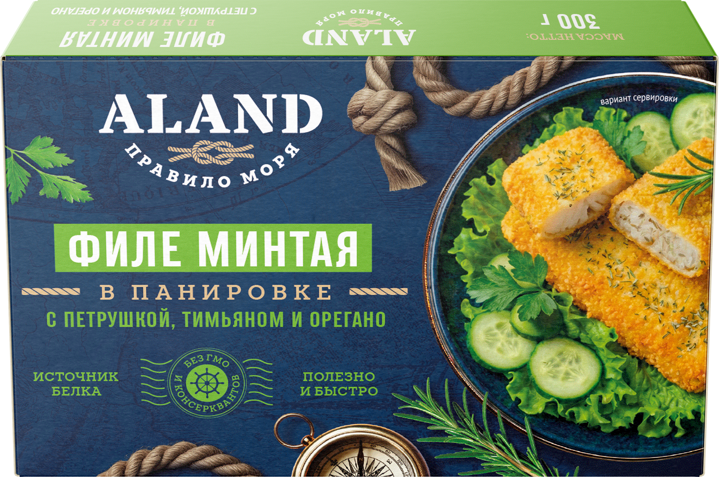 Изображение товара Минтай замороженный ALAND с петрушкой, тимьяном и орегано, филе в панировке, 300г