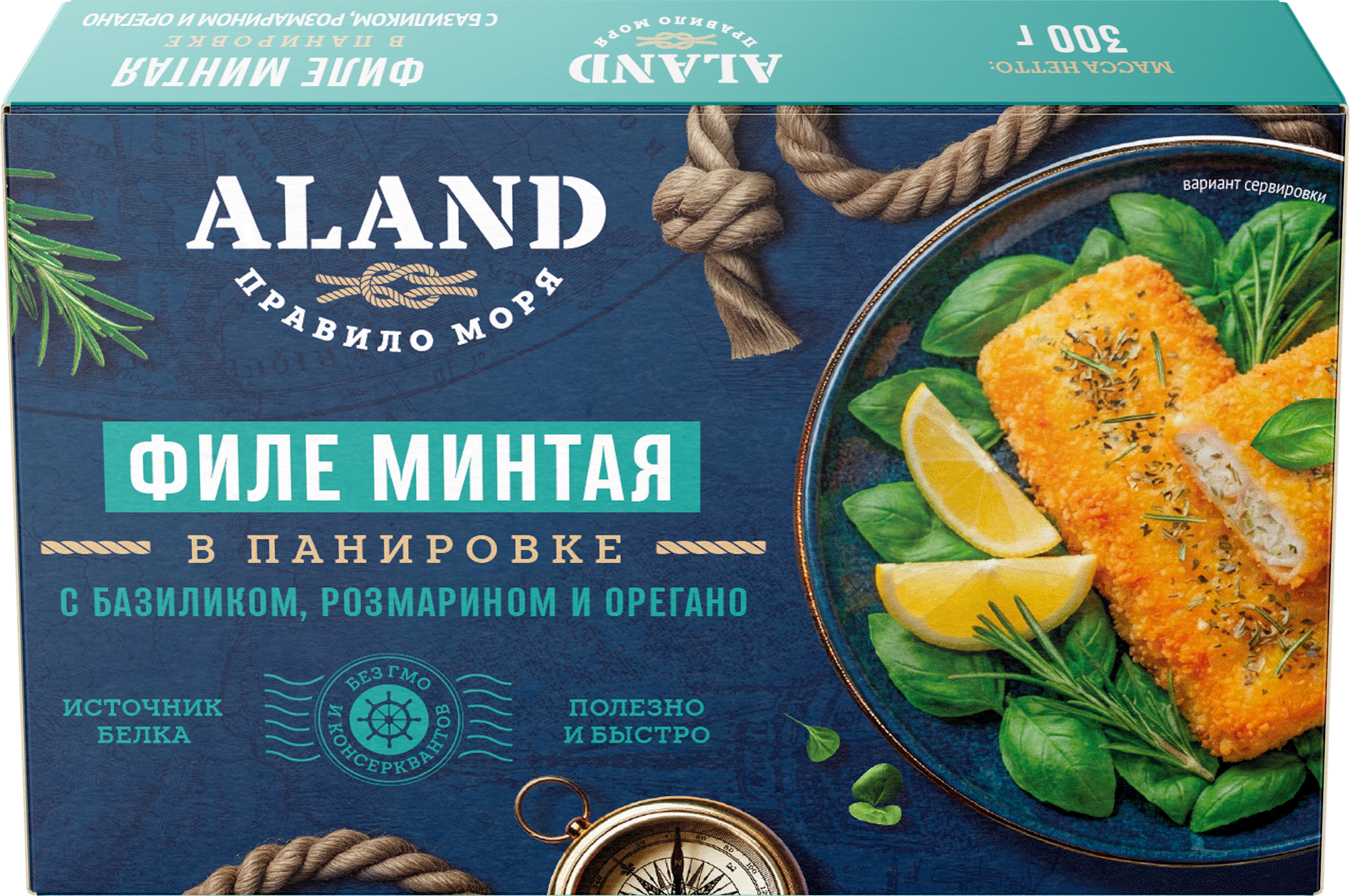 Изображение товара Минтай замороженный ALAND с базиликом, розмарином и орегано, филе в панировке, 300г