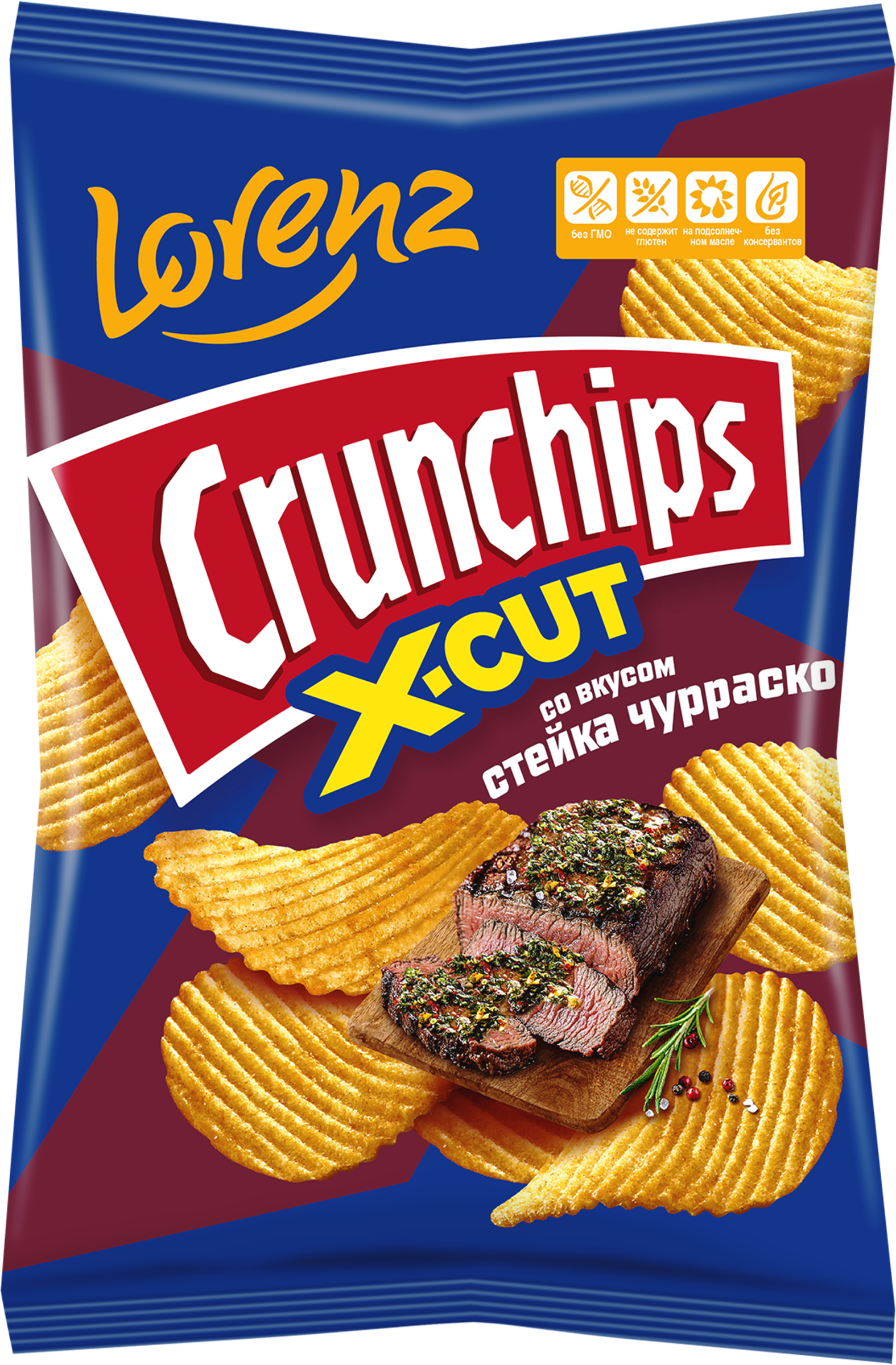 Изображение товара Крахмальные чипсы LORENZ Crunchips X-cut со вкусом стейка чураско Изображение товара Крахмальные чипсы LORENZ Crunchips X-cut со вкусом стейка чураско