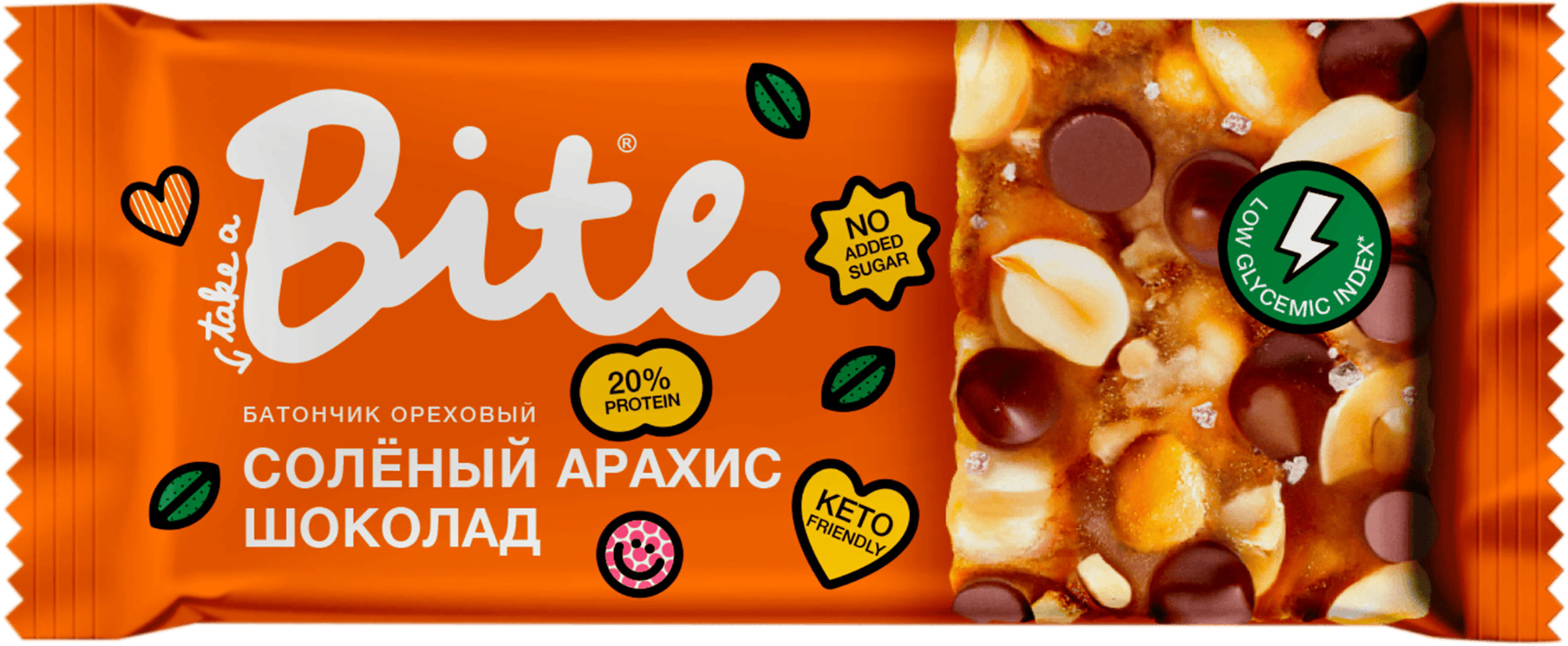 Изображение товара Батончик ореховый TAKE A BITE Козинаки Соленый арахис–шоколад, 30г Изображение товара Батончик ореховый TAKE A BITE Козинаки Соленый арахис–шоколад, 30г