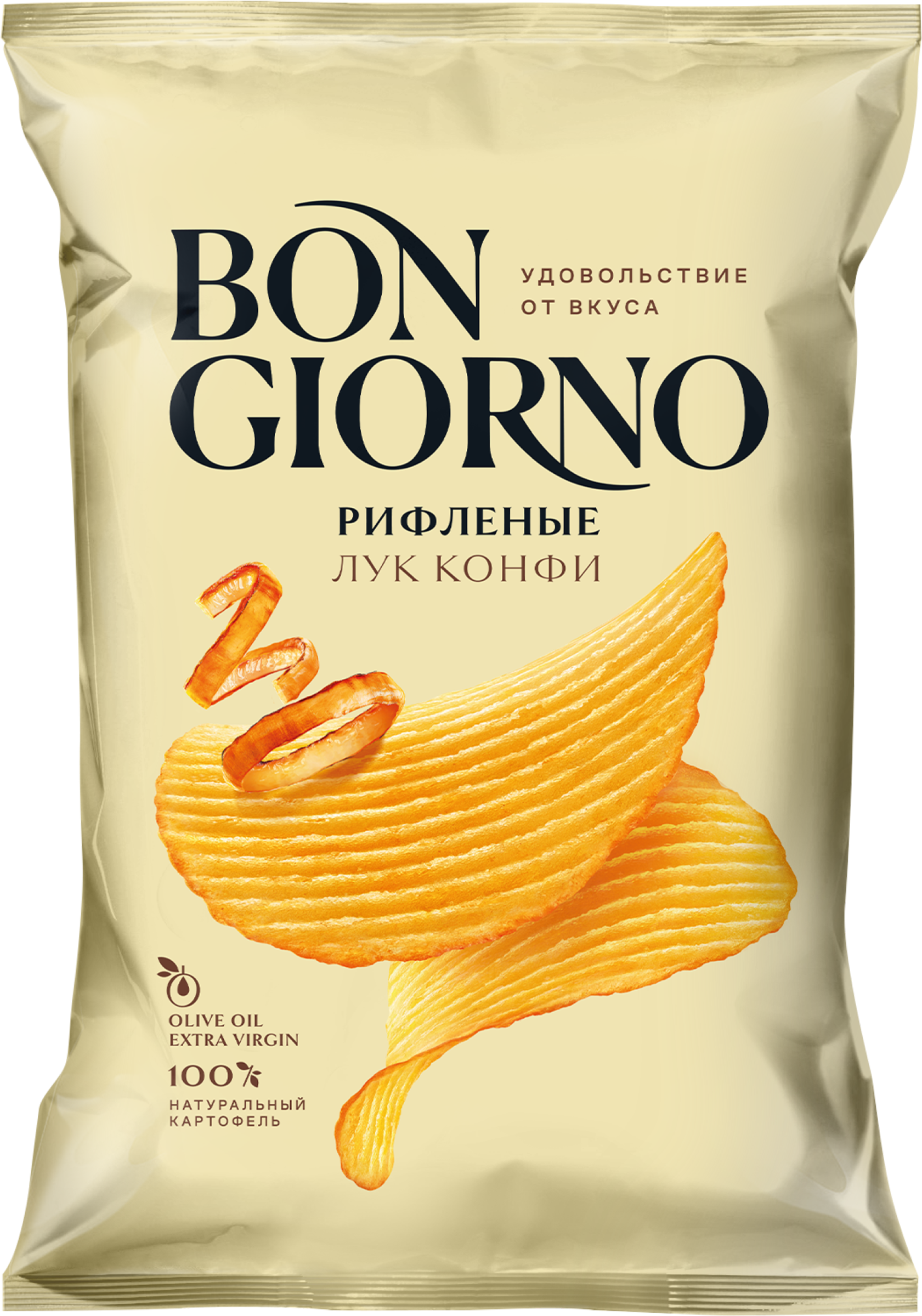 Изображение товара Чипсы картофельные BON GIORNO Рифленые, со вкусом лук конфи, 80г