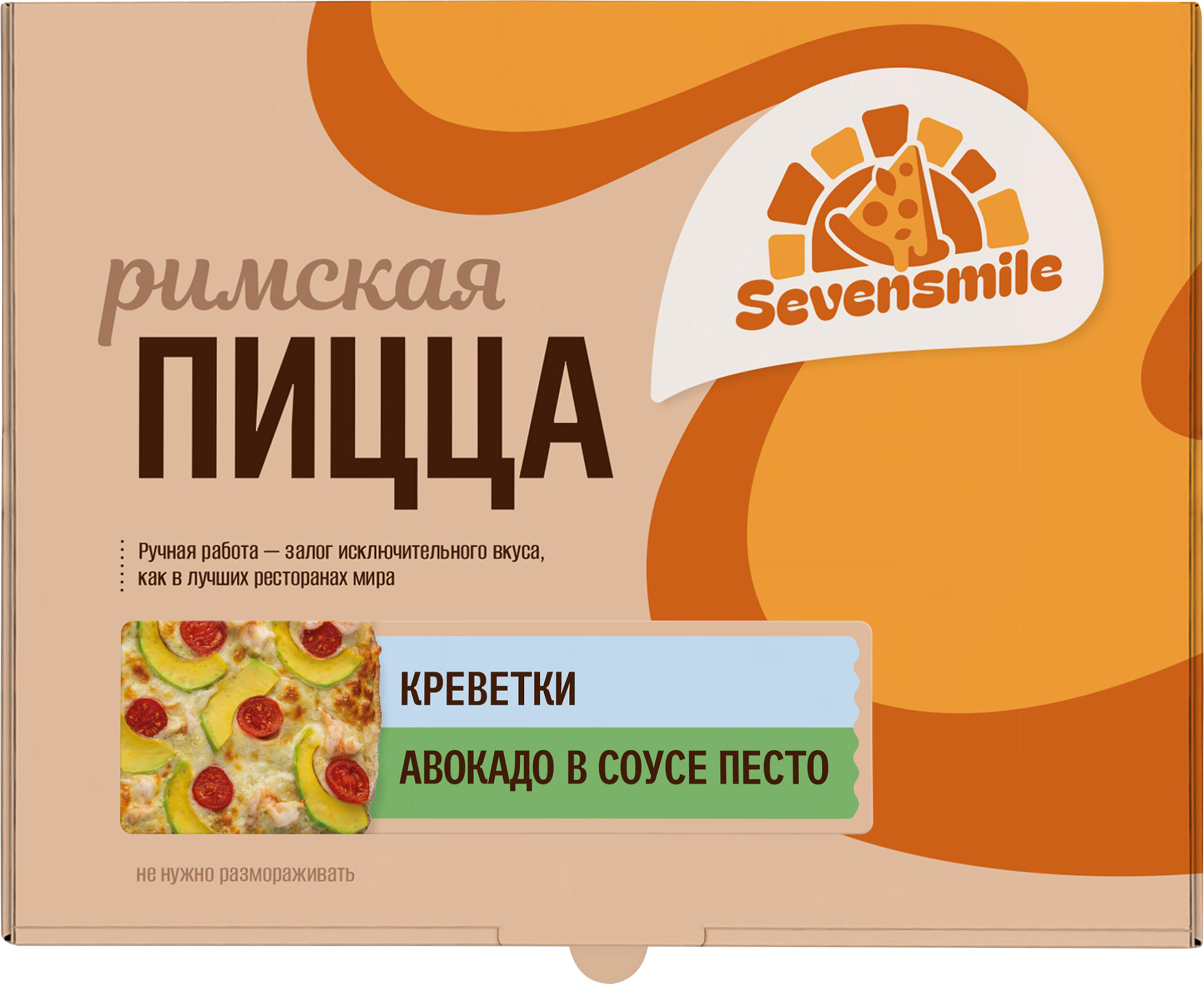 Изображение товара Пицца SEVENSMILE Римская с креветками и авокадо в соусе Песто Изображение товара Пицца SEVENSMILE Римская с креветками и авокадо в соусе Песто
