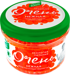 Икра лососевая ПУТИНА Очень нежная, зернистая 1-й сорт, 220г, крупный план