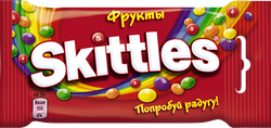 Драже SKITTLES Фрукты в сахарной глазури со вкусом апельсина, черной смородины, клубники, лайма, лимона, 38г, детальное фото