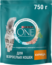 Корм сухой для взрослых кошек PURINA ONE с высоким содержанием курицы и цельными злаками, 750г, фото
